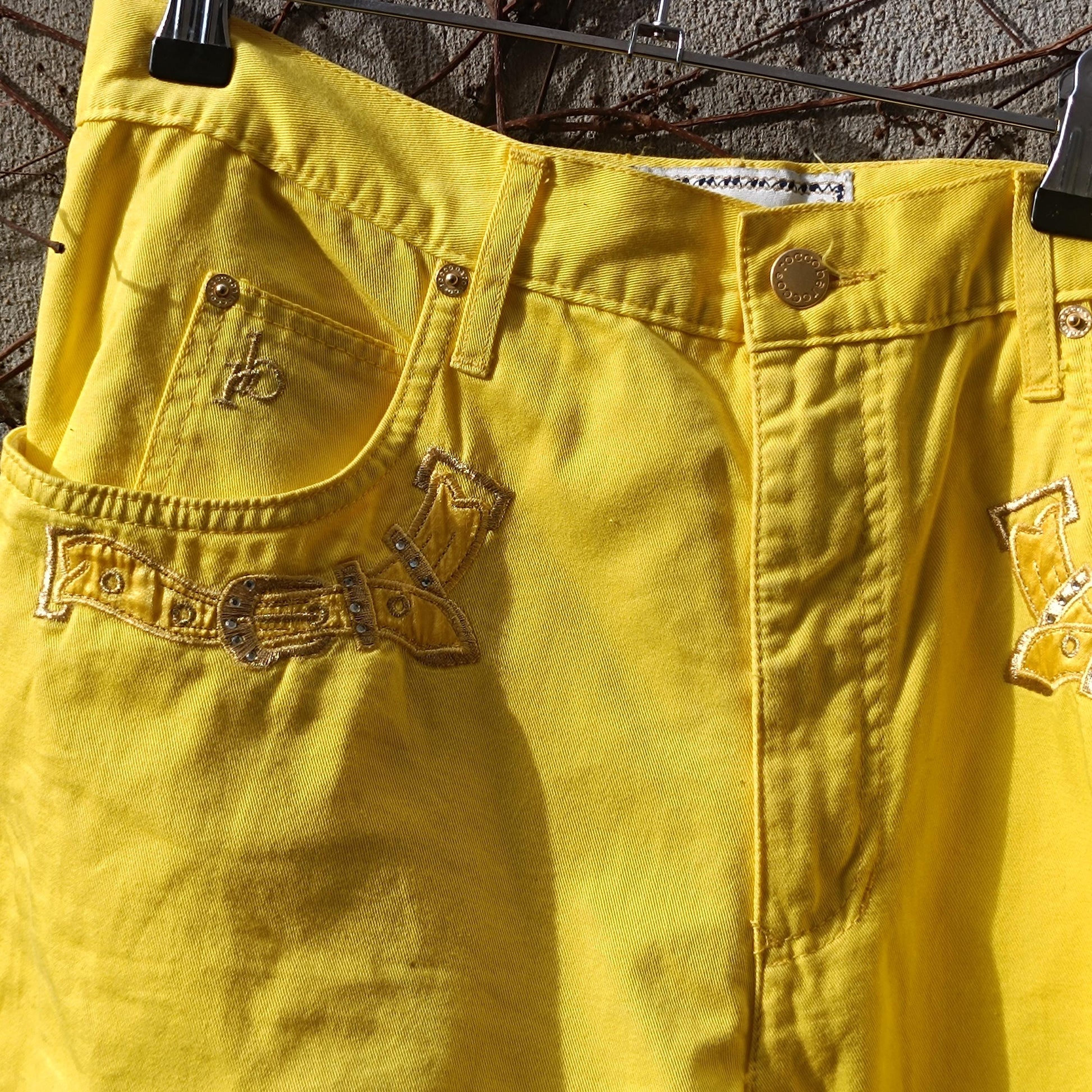 Roccobarocco Yellow Jeans Vintage 90s High Waisted Embroidered Italian Trousers