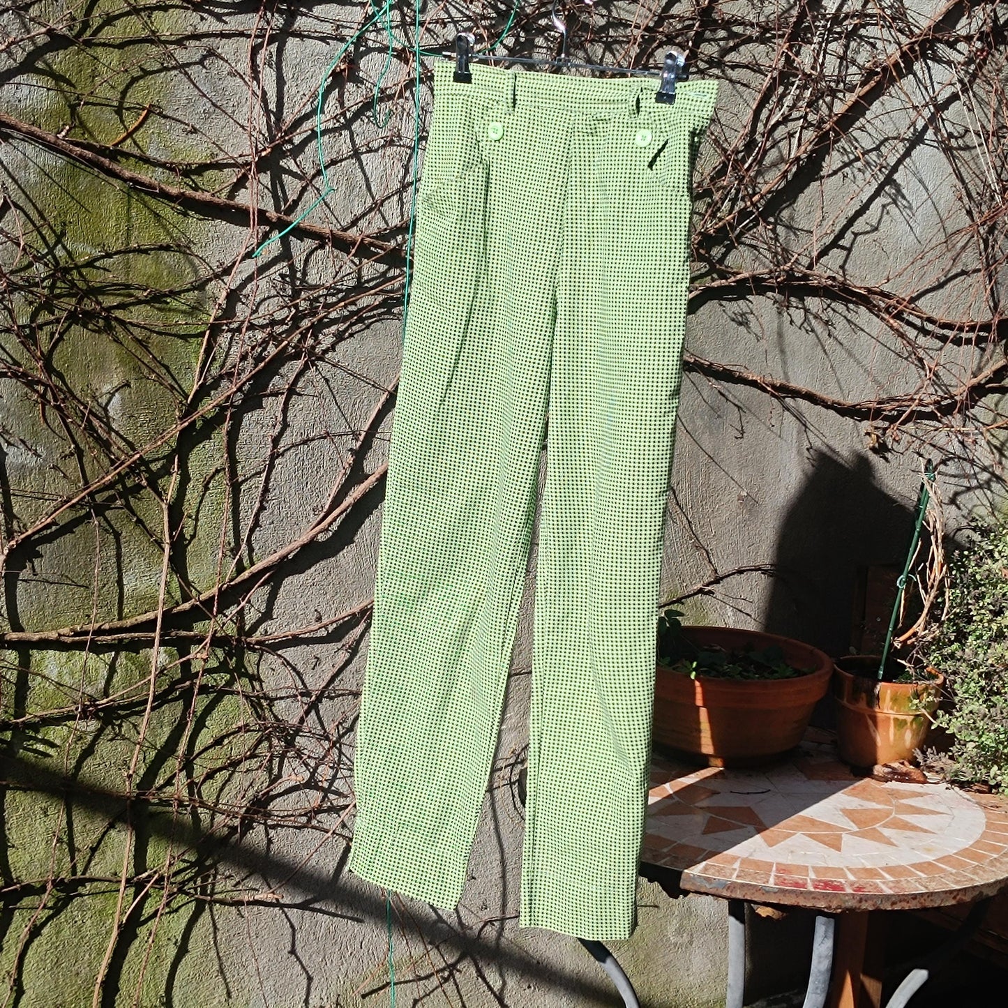 Vintage 90s ESPRIT Lime Green Houndstooth Trousers High Waisted Straight Leg Pants Size 36