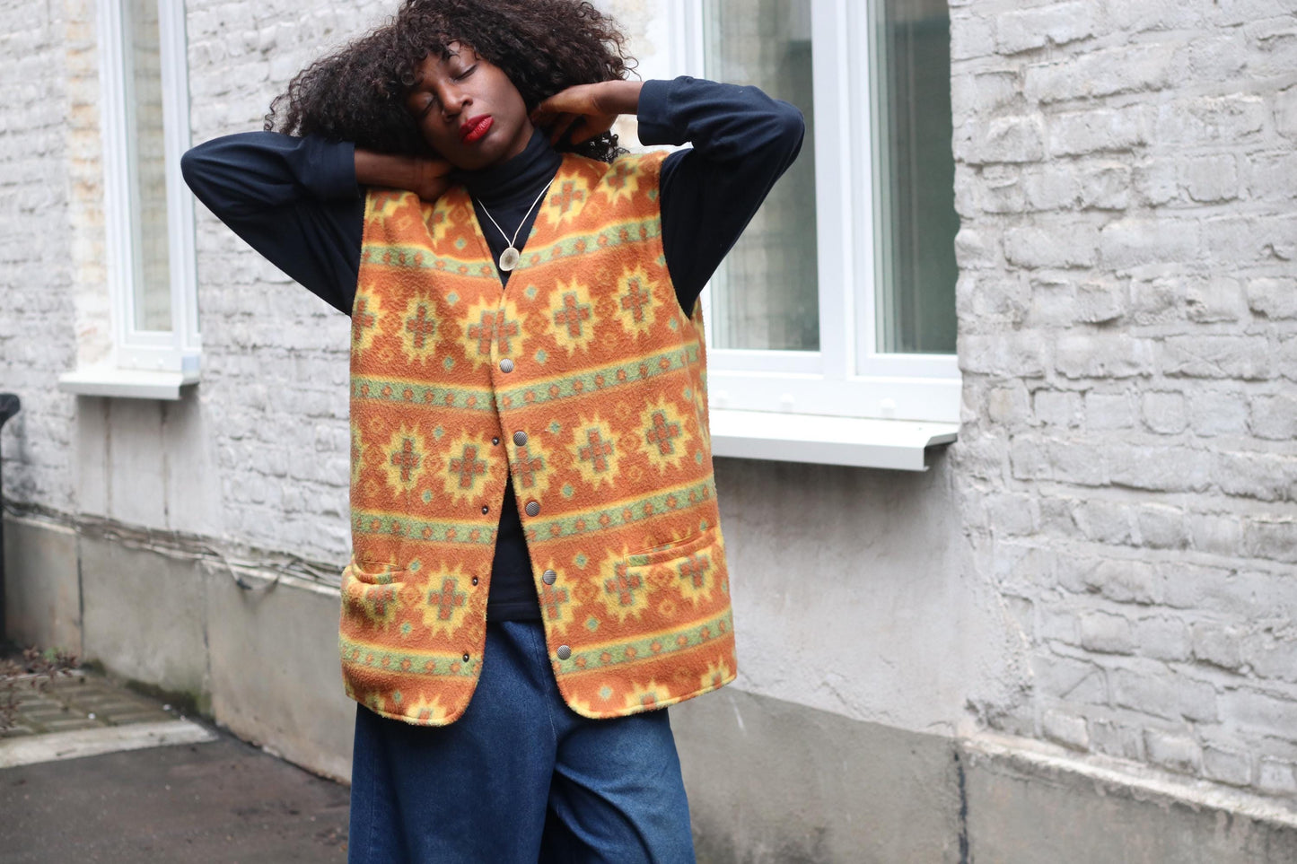 Vintage Southwestern Fleece Vest Orange Geometric Pattern Oversized Sleeveless Jacket