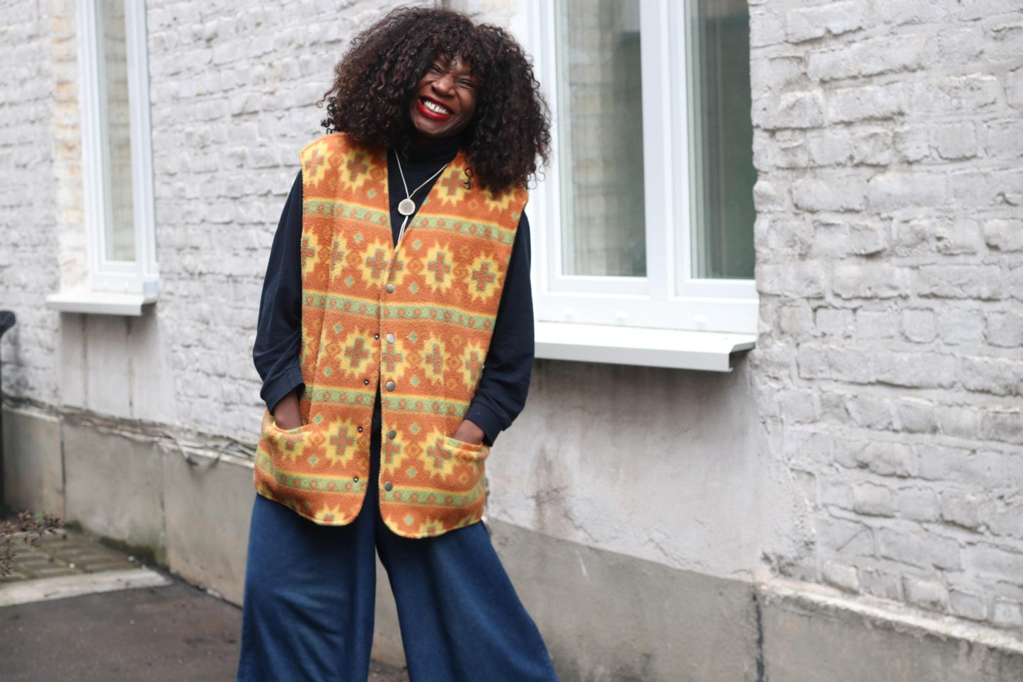 Vintage Southwestern Fleece Vest Orange Geometric Pattern Oversized Sleeveless Jacket