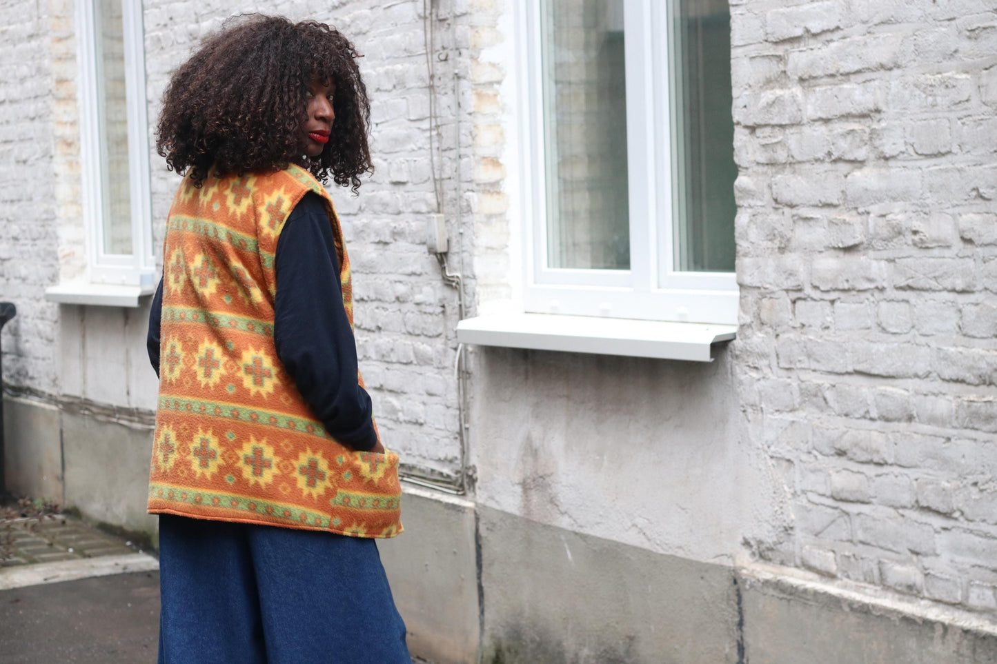 Vintage Southwestern Fleece Vest Orange Geometric Pattern Oversized Sleeveless Jacket