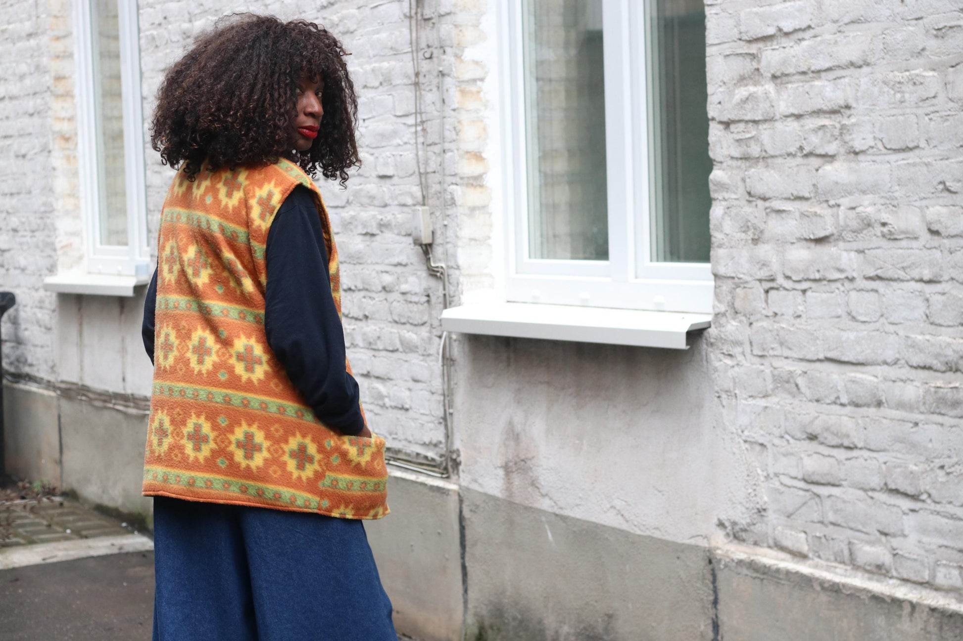 Vintage Southwestern Fleece Vest Orange Geometric Pattern Oversized Sleeveless Jacket