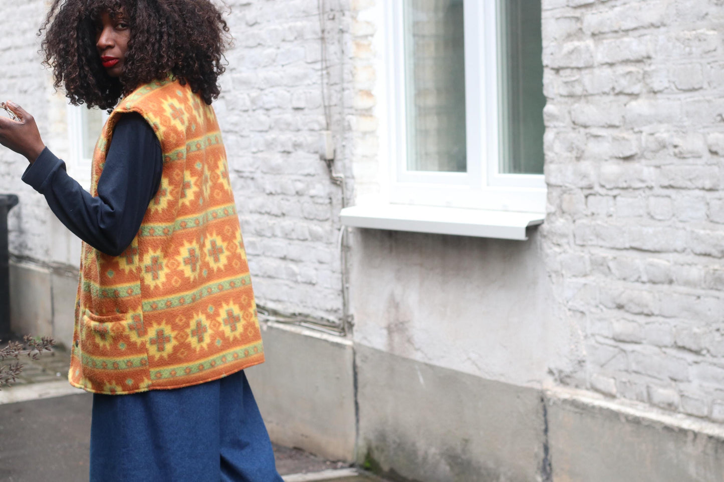 Vintage Southwestern Fleece Vest Orange Geometric Pattern Oversized Sleeveless Jacket