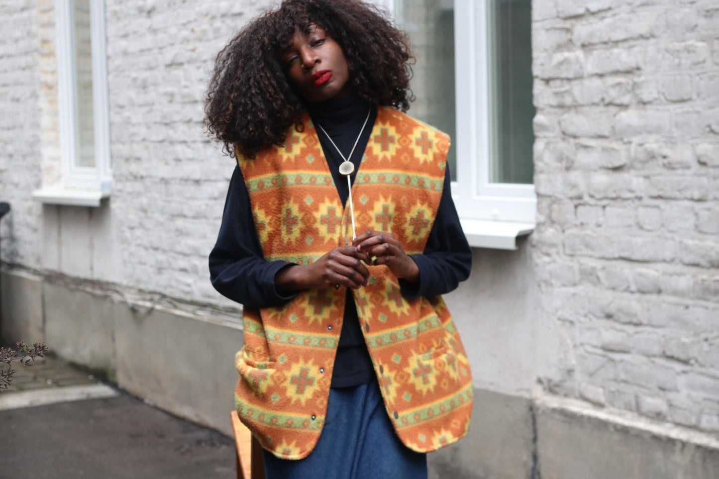 Vintage Southwestern Fleece Vest Orange Geometric Pattern Oversized Sleeveless Jacket