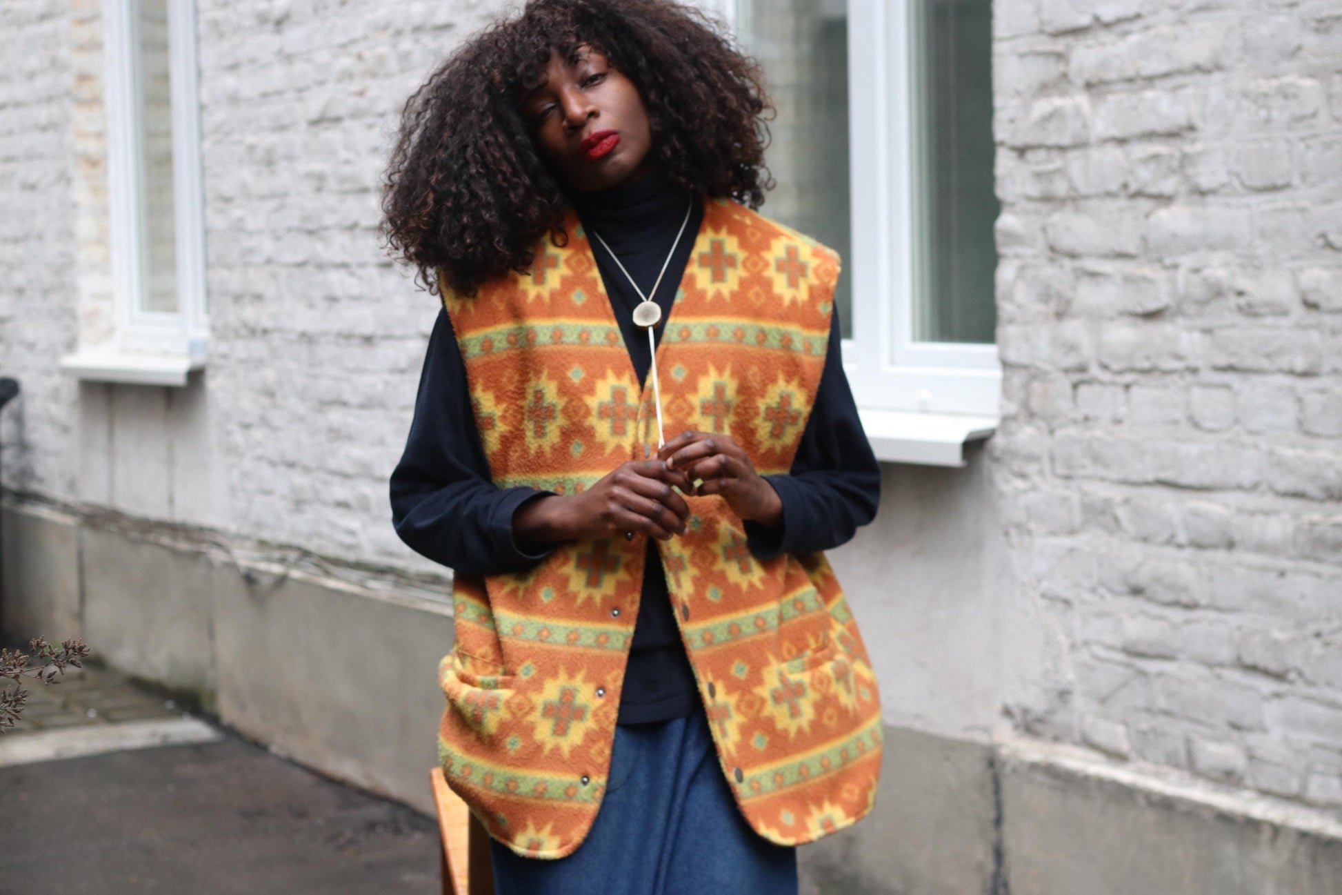 Vintage Southwestern Fleece Vest Orange Geometric Pattern Oversized Sleeveless Jacket