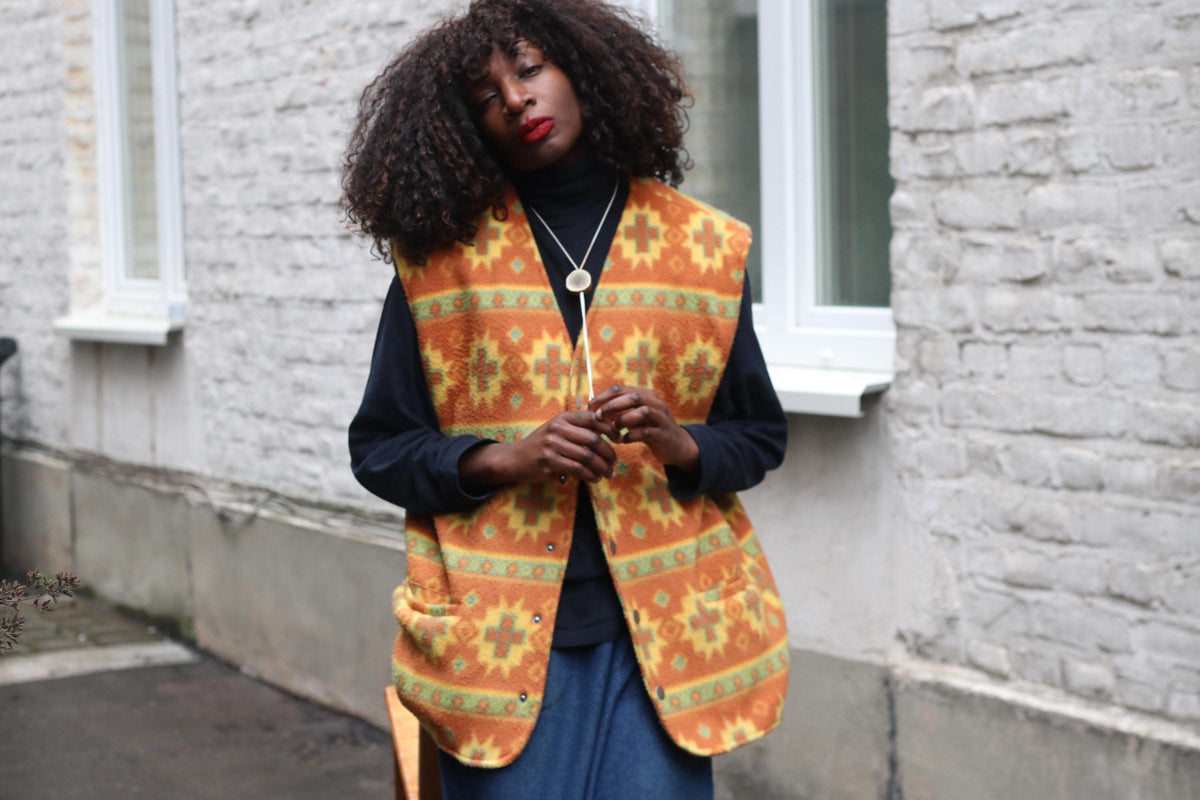 Fleece Orange Vest | Vintage 90s Southwestern |  Pattern Gilet L