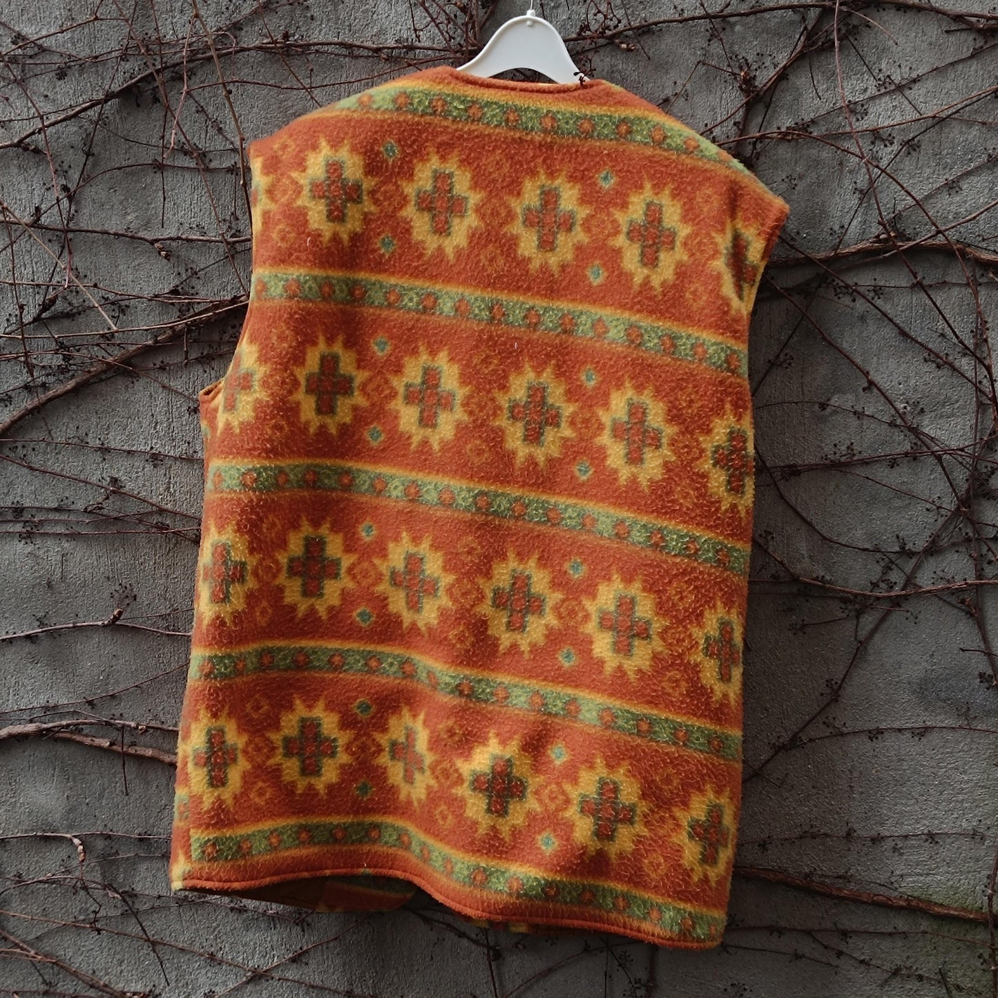 Vintage Southwestern Fleece Vest Orange Geometric Pattern Oversized Sleeveless Jacket