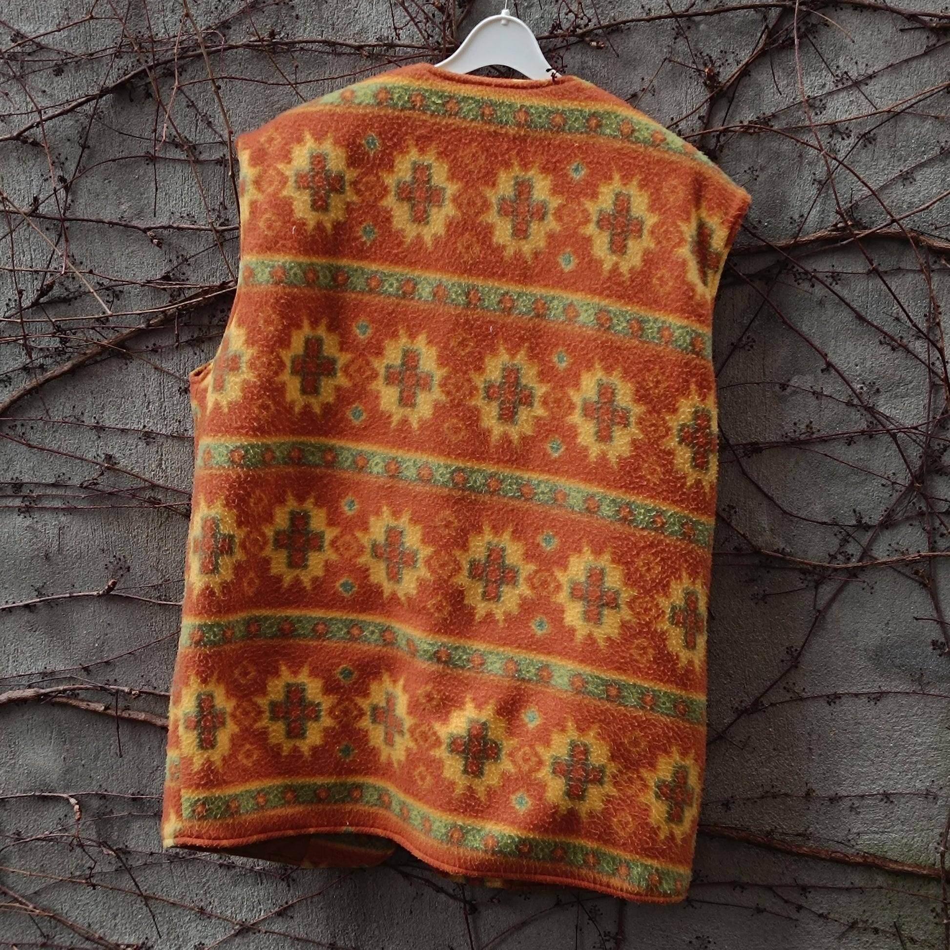 Vintage Southwestern Fleece Vest Orange Geometric Pattern Oversized Sleeveless Jacket