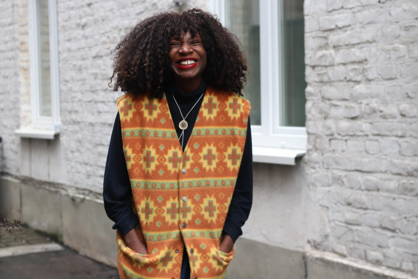 Vintage Southwestern Fleece Vest Orange Geometric Pattern Oversized Sleeveless Jacket