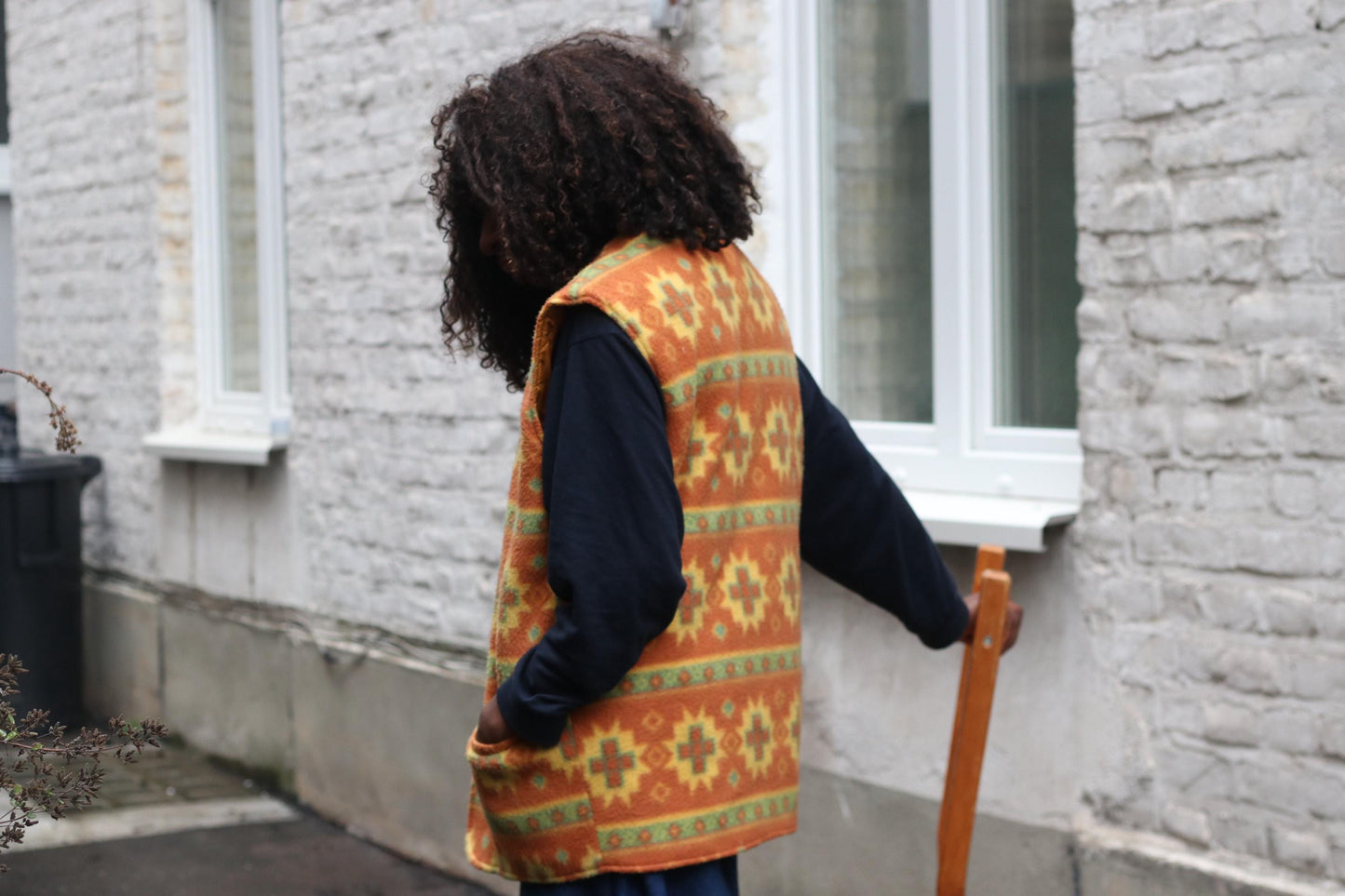 Vintage Southwestern Fleece Vest Orange Geometric Pattern Oversized Sleeveless Jacket