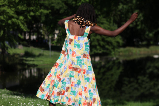 90s Vintage Fruit Print Sundress - Viskose Patchwork Midi