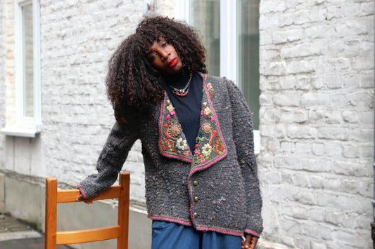 Vintage Hand Knitted Floral Cardigan Embroidered Wool Jacket Grey Boho Folk Sweater