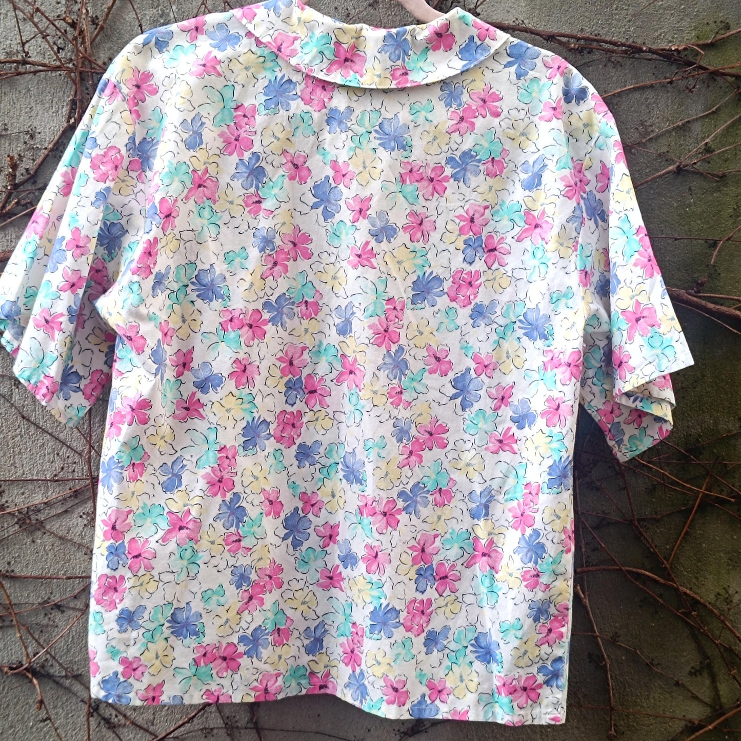 Vintage 80s Floral Blouse Camp Collar Pastel Shirt Abstract Flower Print Top Cotton