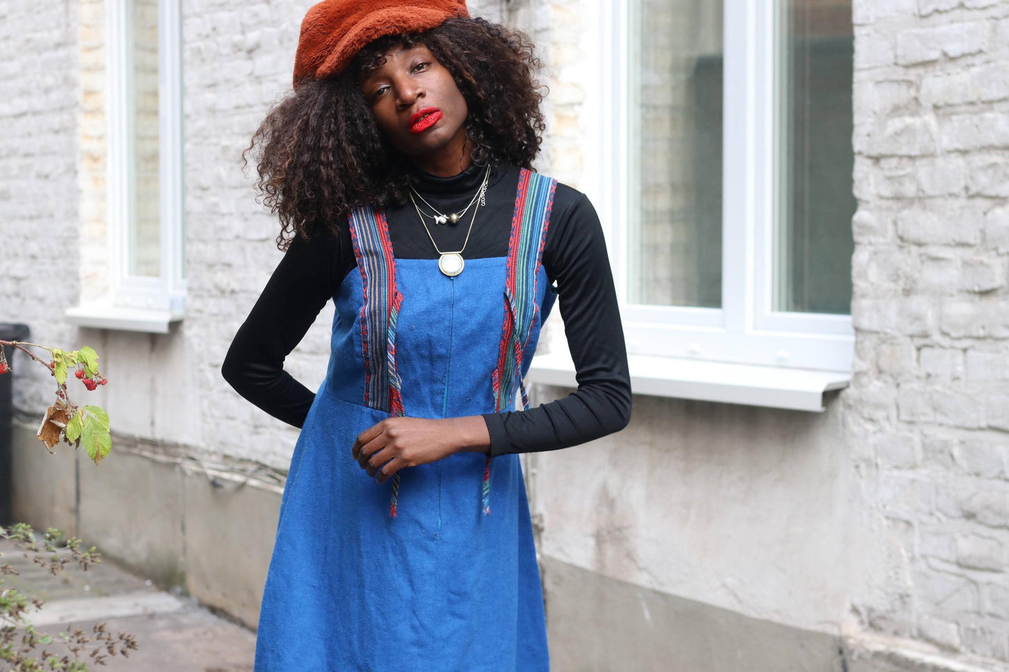 Vintage Petri of Sweden Blue Wool Blend Pinafore Dress Scandinavian Minimalist 70s