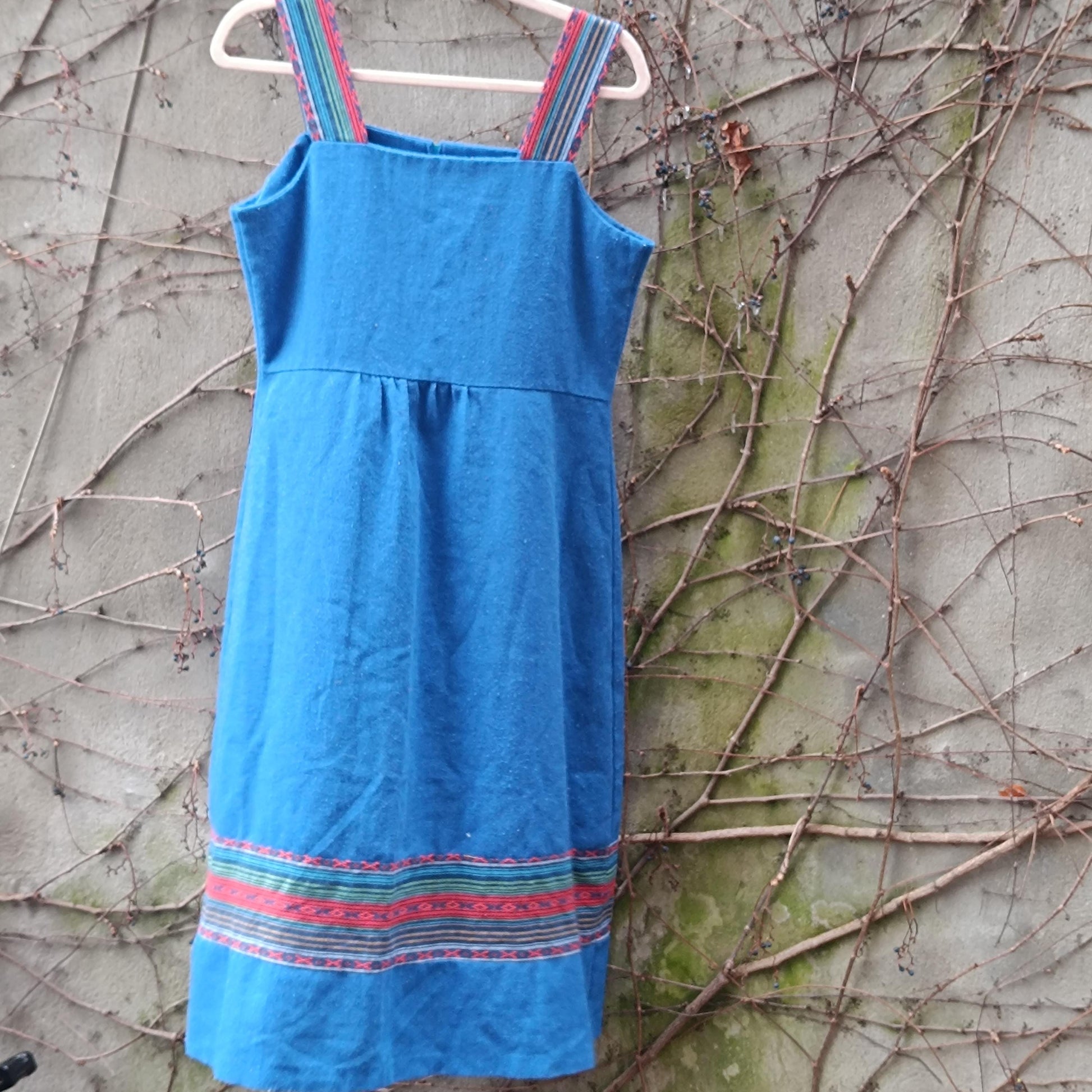 Vintage Petri of Sweden Blue Wool Blend Pinafore Dress Scandinavian Minimalist 70s