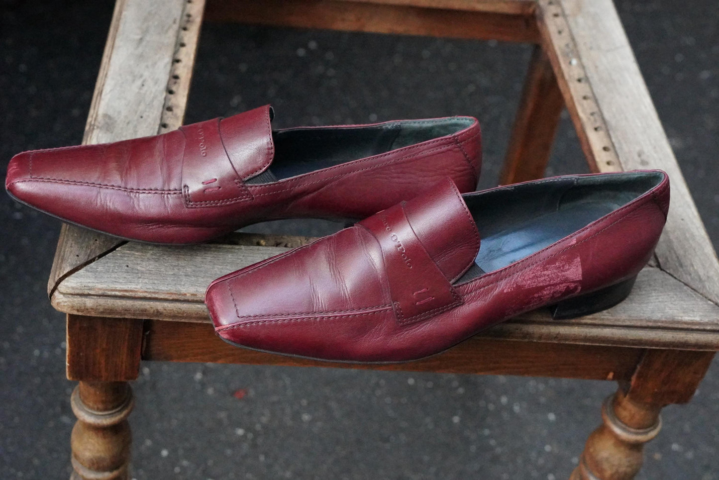 Vintage Burgundy Leather Loafers Square Toe Slip On Shoes Oxblood Red 90s Flats