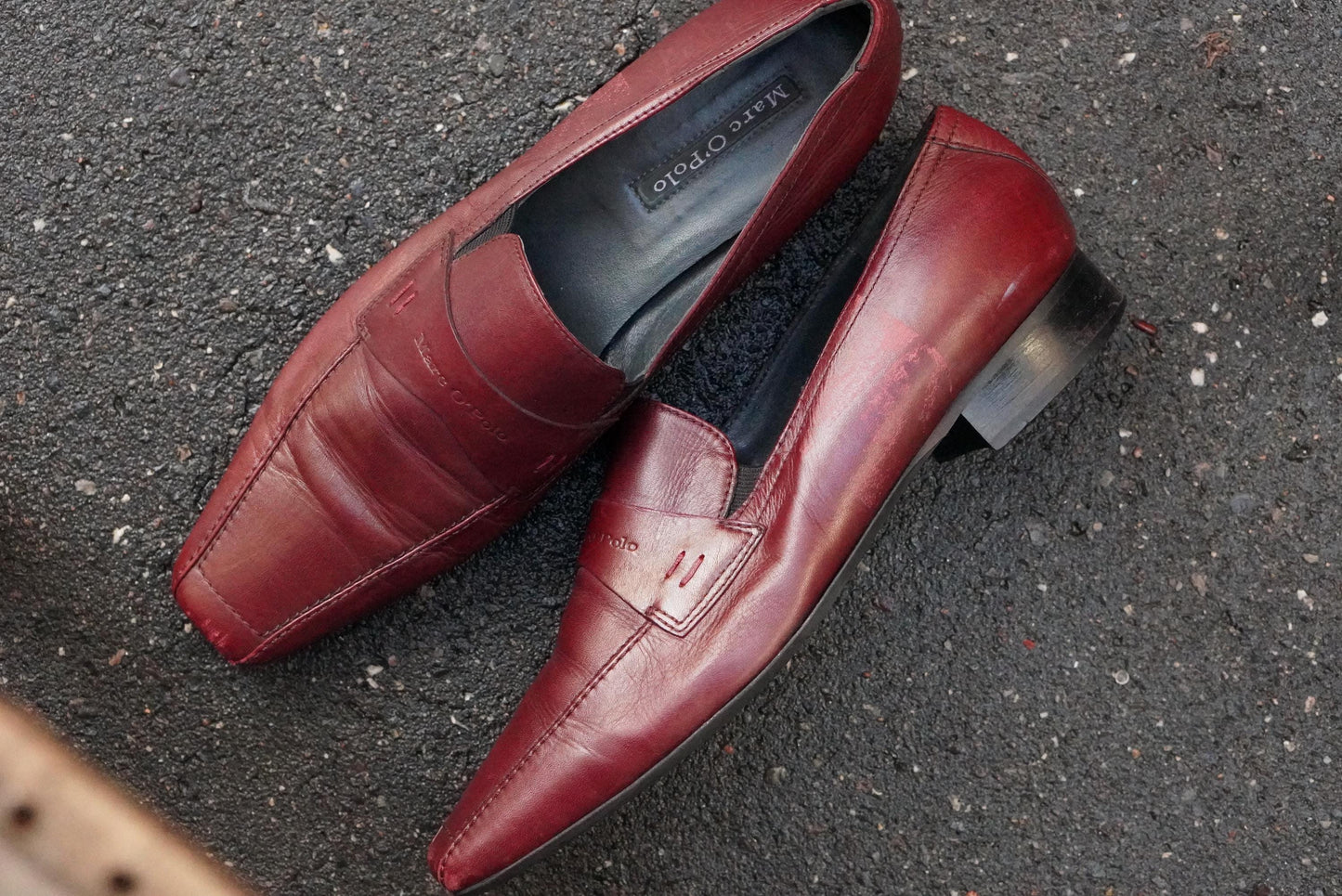 Vintage Burgundy Leather Loafers Square Toe Slip On Shoes Oxblood Red 90s Flats
