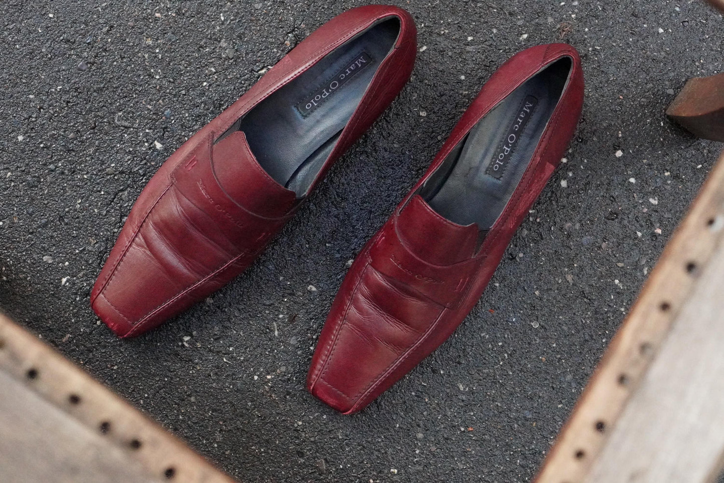 Vintage Burgundy Leather Loafers Square Toe Slip On Shoes Oxblood Red 90s Flats