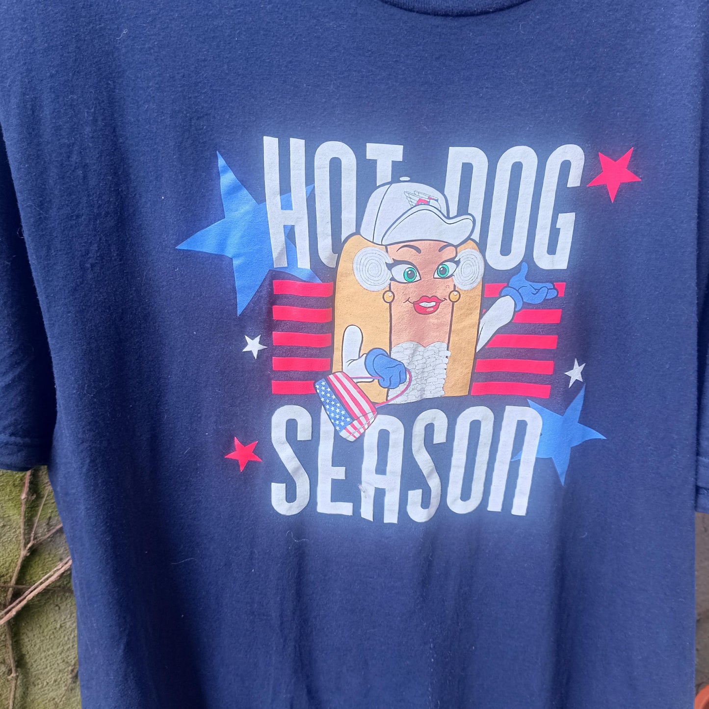 Hot Dog Season T-Shirt Navy Blue Graphic Tee XL Oversized Vintage Style Cotton