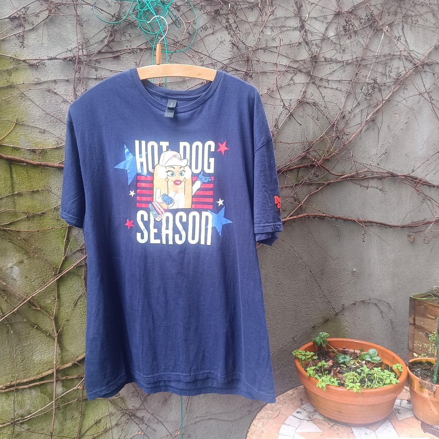 Hot Dog Season T-Shirt Navy Blue Graphic Tee XL Oversized Vintage Style Cotton