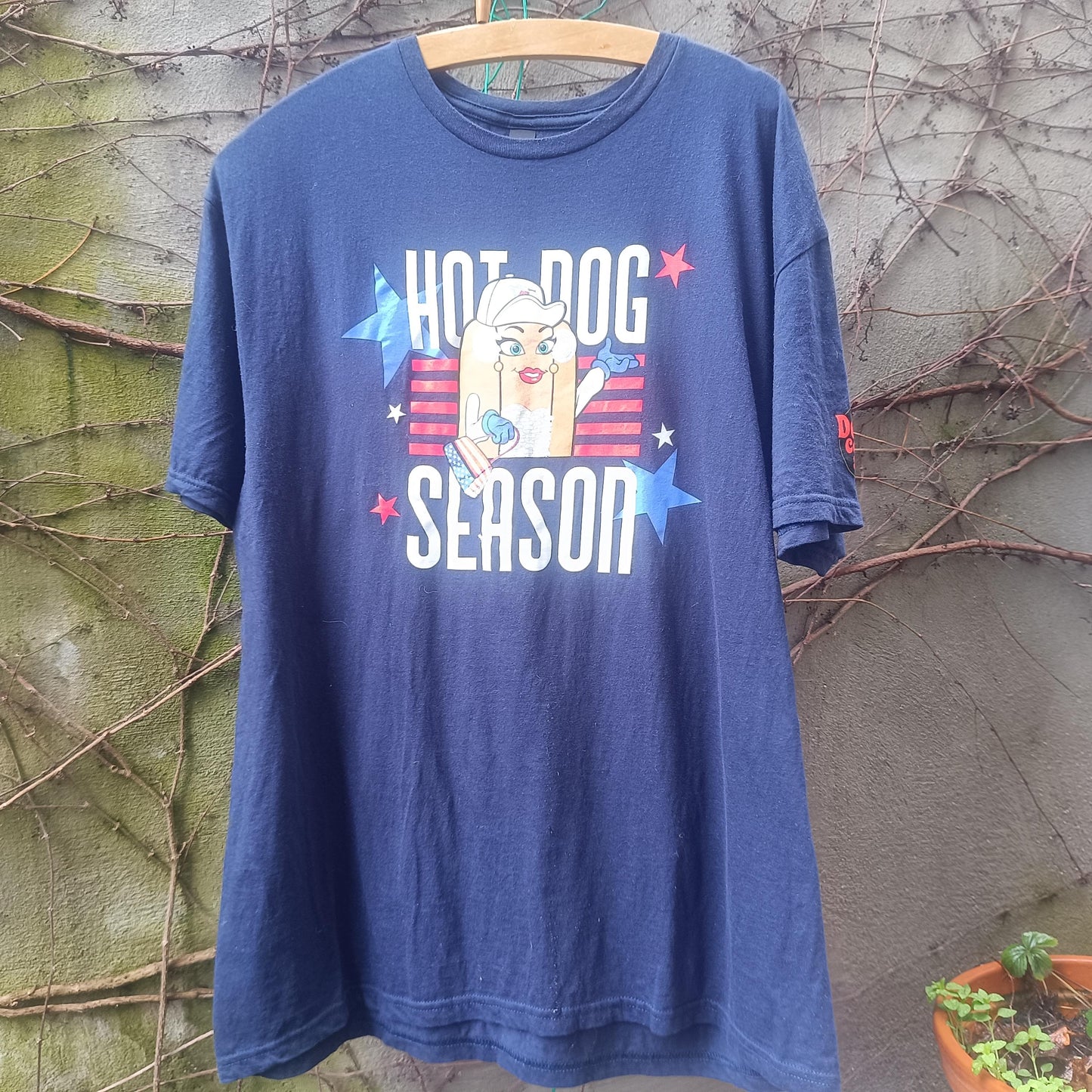 Hot Dog Season T-Shirt Navy Blue Graphic Tee XL Oversized Vintage Style Cotton