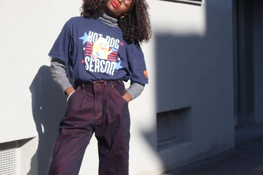 Hot Dog Season T-Shirt Navy Blue Graphic Tee XL Oversized Vintage Style Cotton