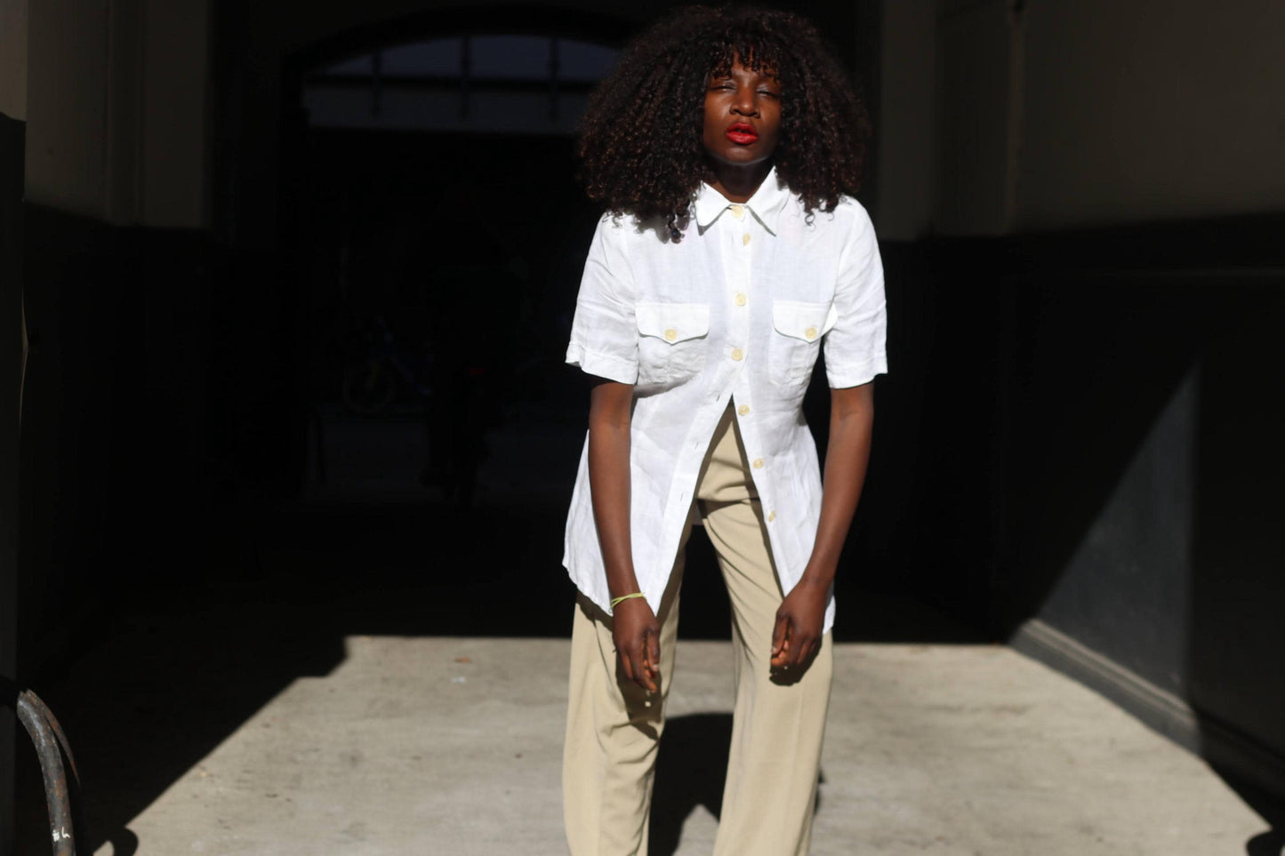 Vintage White Linen Blouse Short Sleeve Button Down Shirt Pocket Detail
