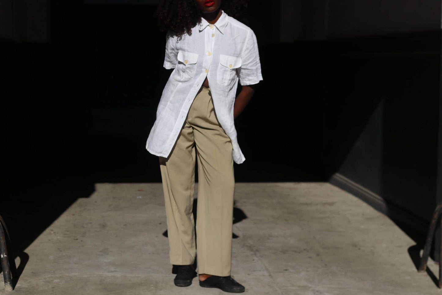 Vintage White Linen Blouse Short Sleeve Button Down Shirt Pocket Detail