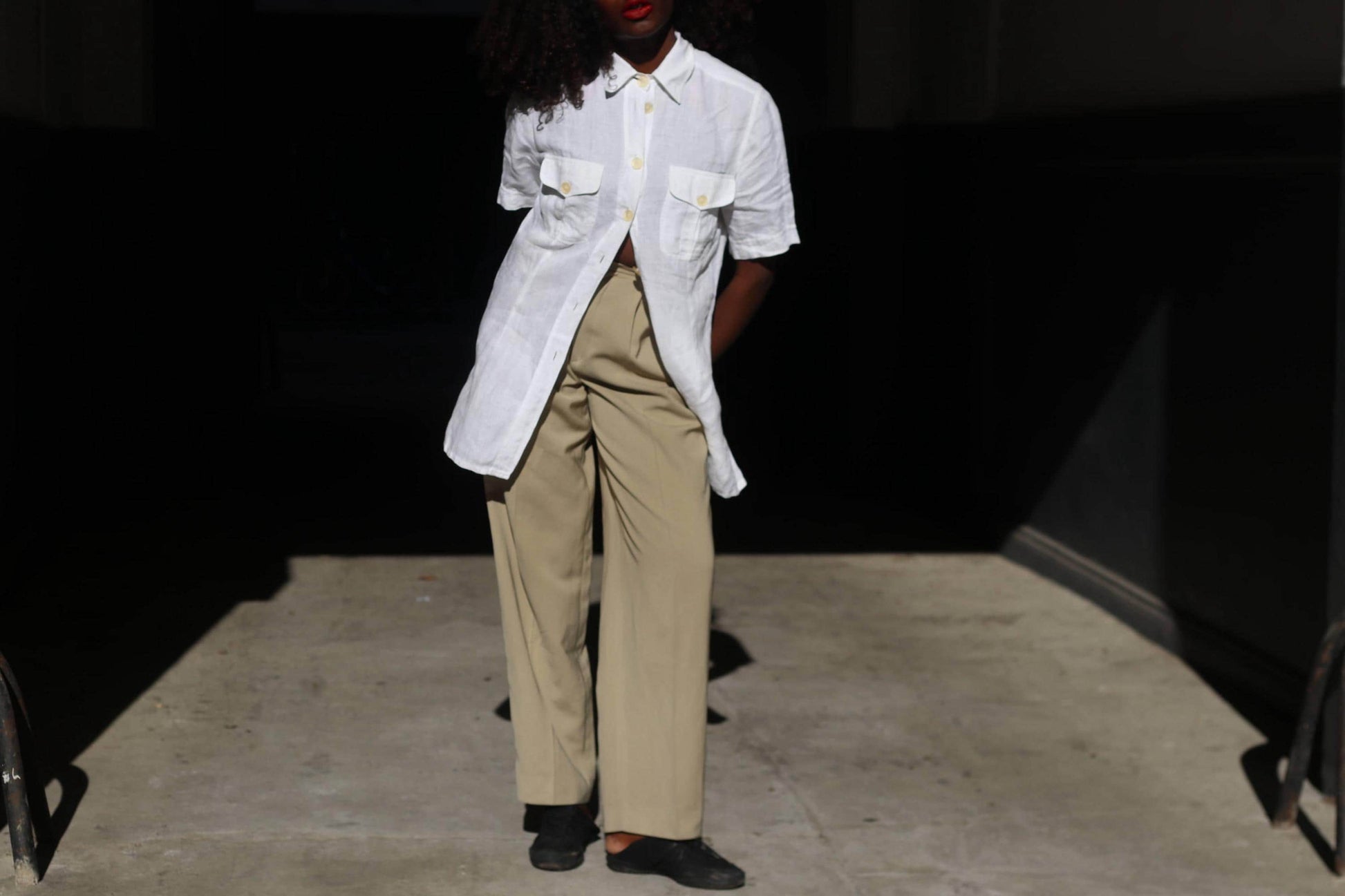 Vintage White Linen Blouse Short Sleeve Button Down Shirt Pocket Detail