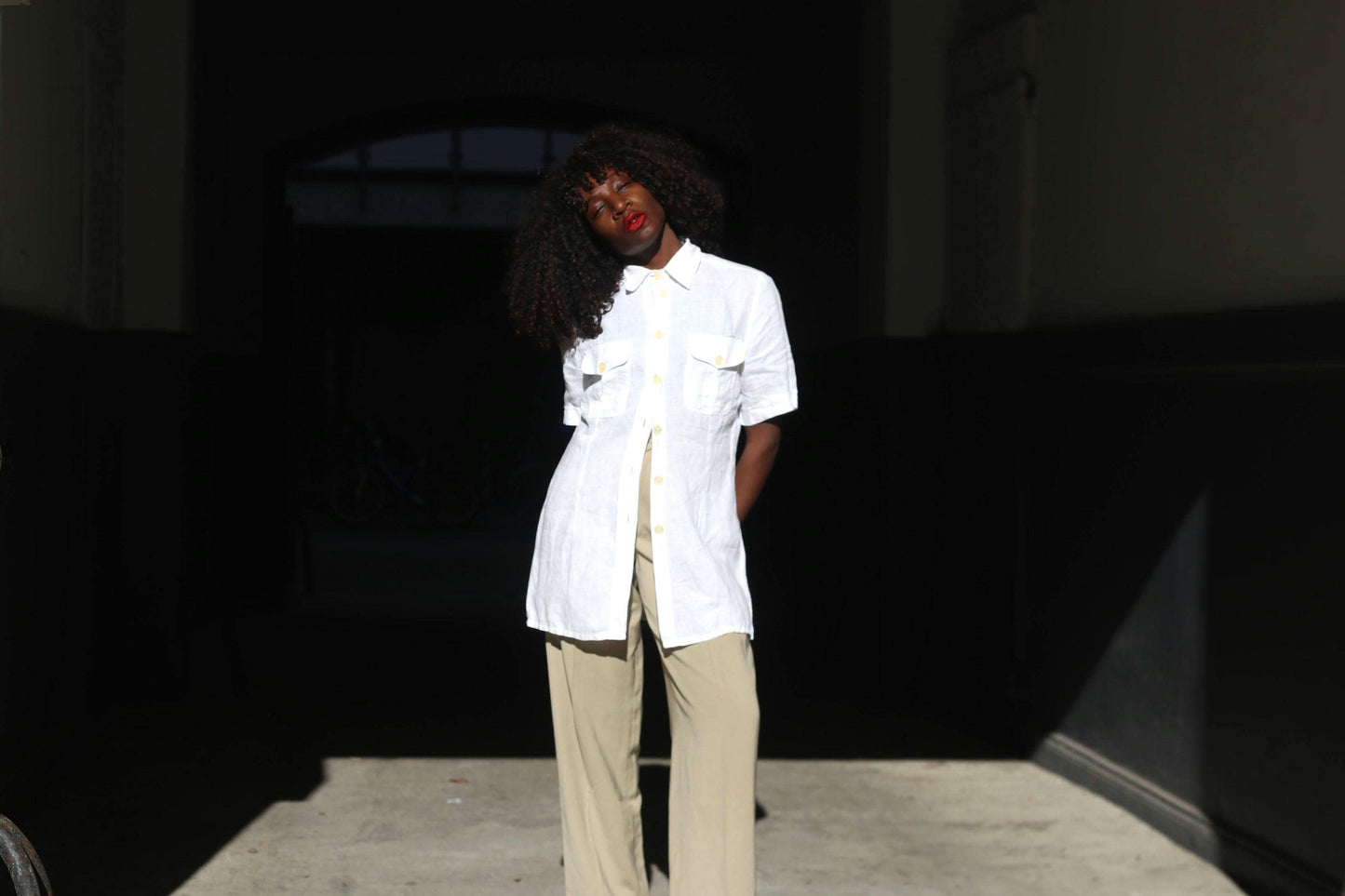 Vintage White Linen Blouse Short Sleeve Button Down Shirt Pocket Detail