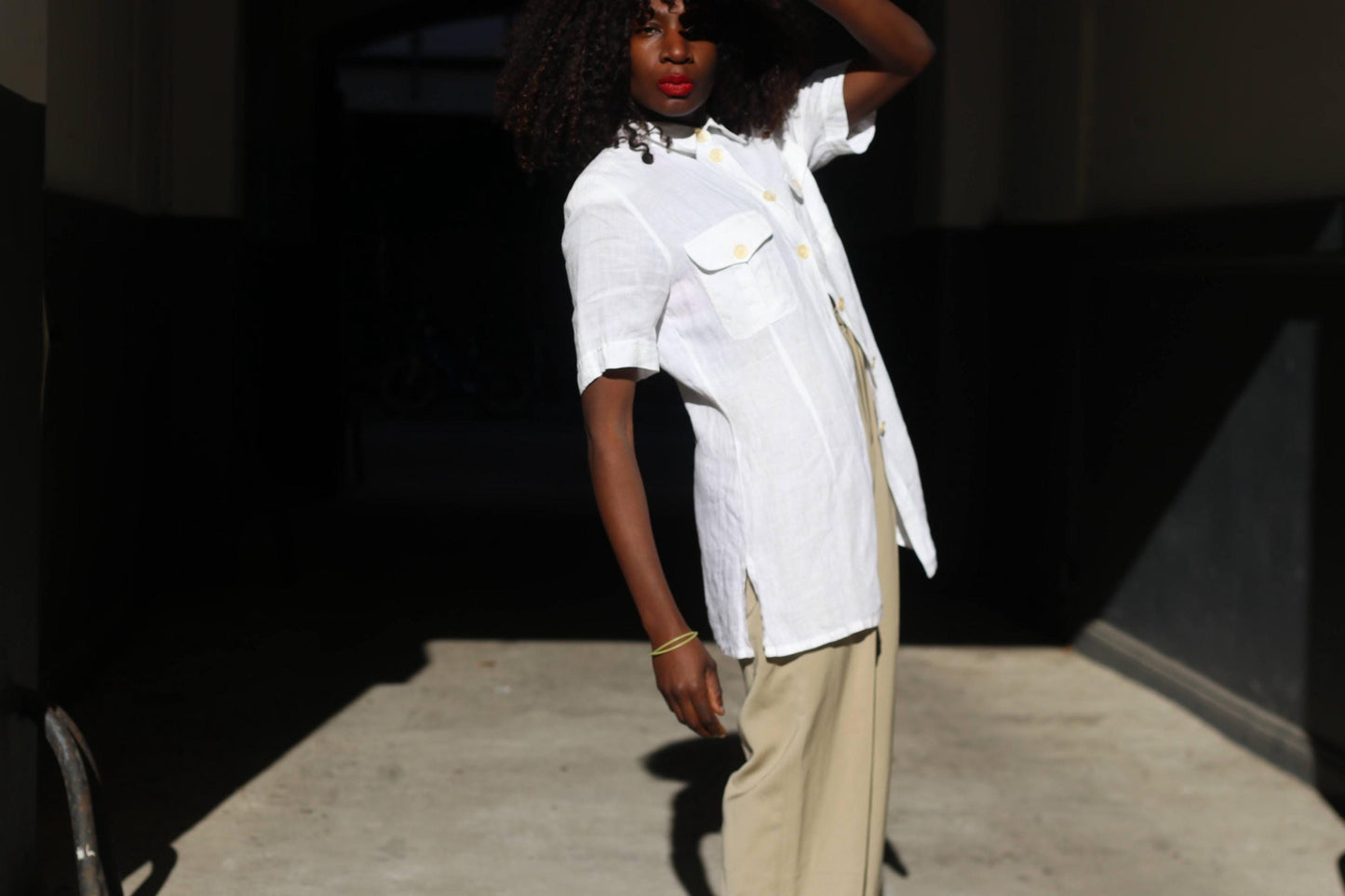 Vintage White Linen Blouse Short Sleeve Button Down Shirt Pocket Detail