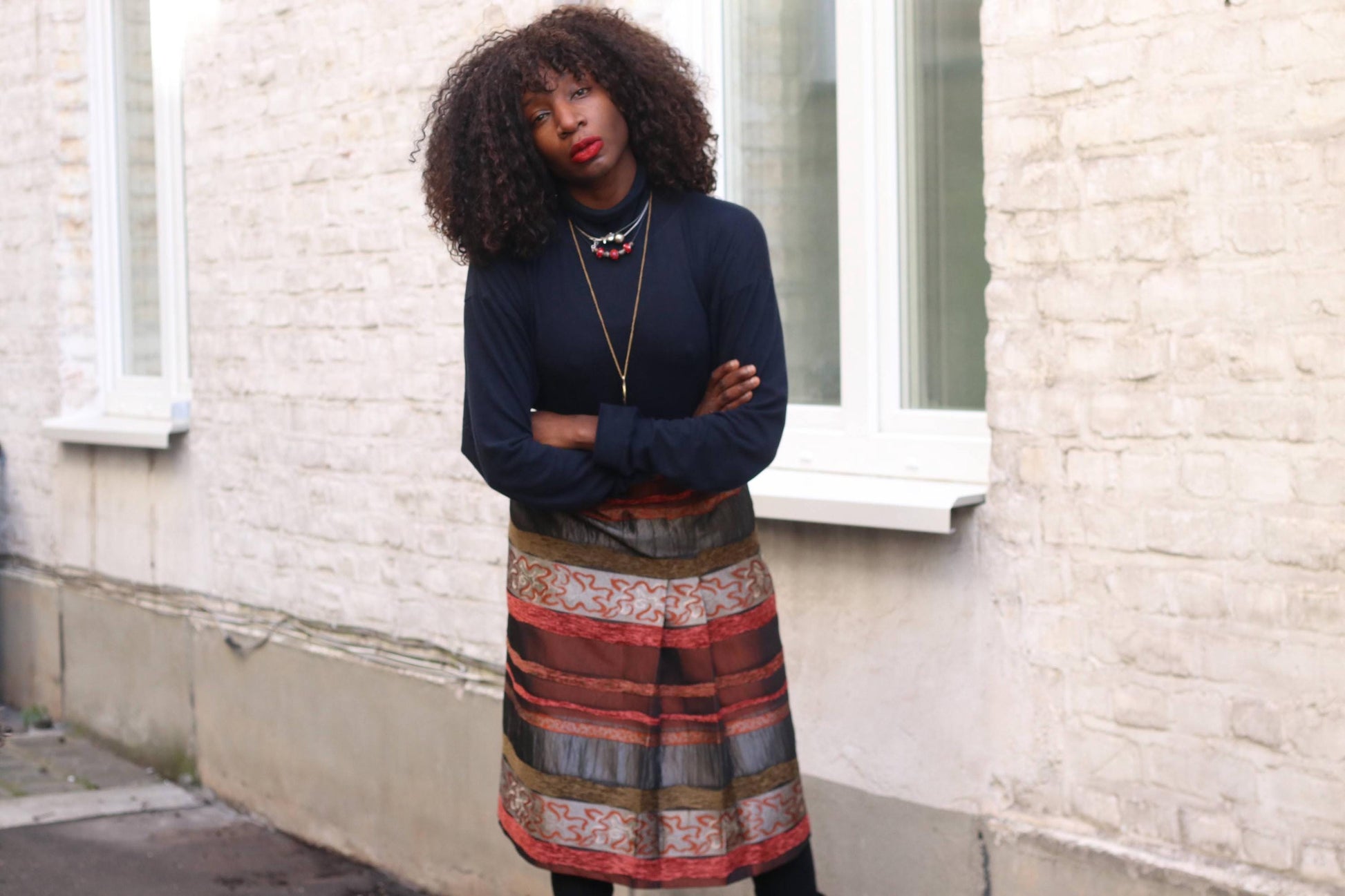 Vintage Textured Stripe Midi Skirt Metallic Bronze Red Mixed Media Party Skirt