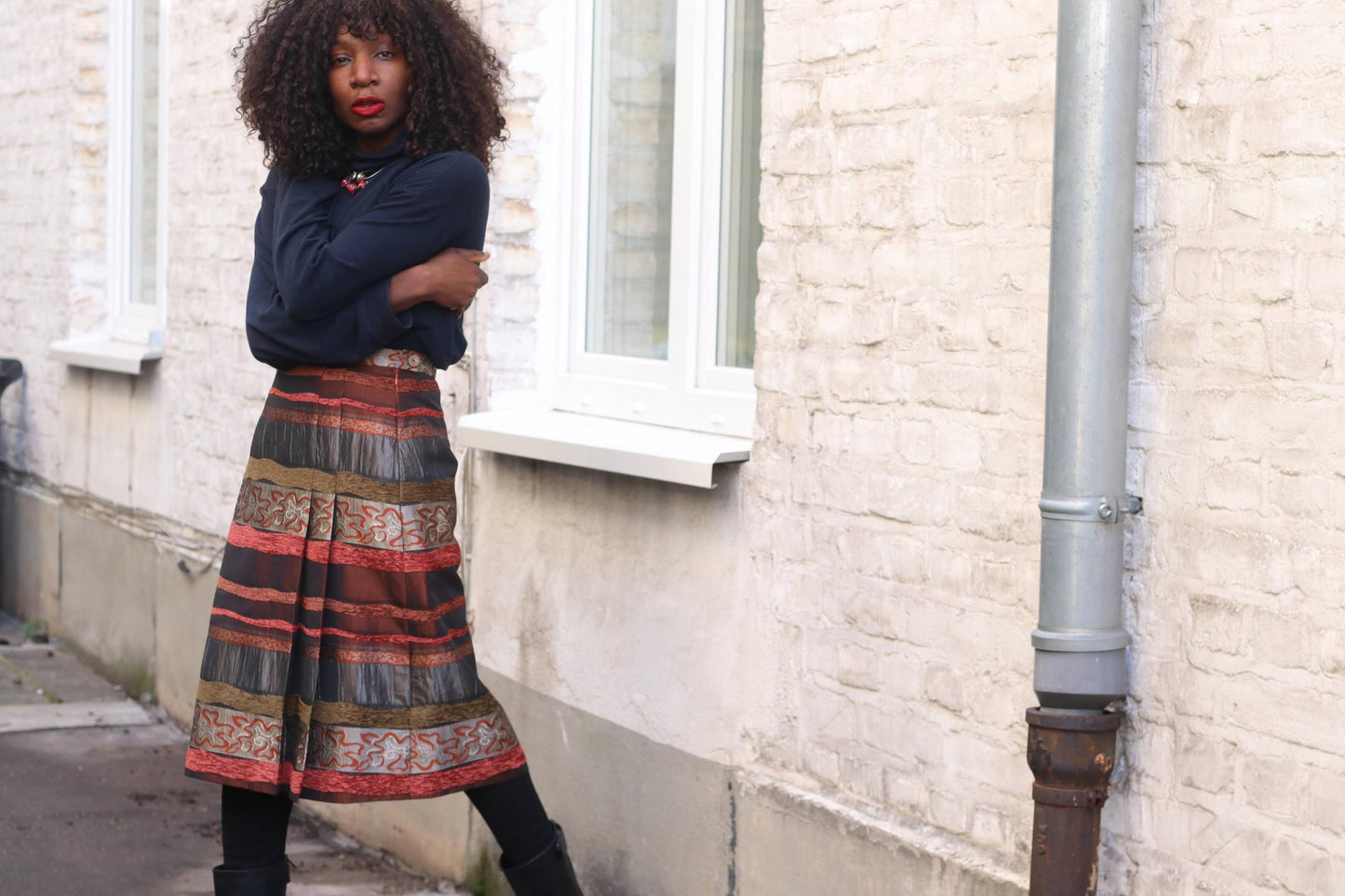 Vintage Textured Stripe Midi Skirt Metallic Bronze Red Mixed Media Party Skirt