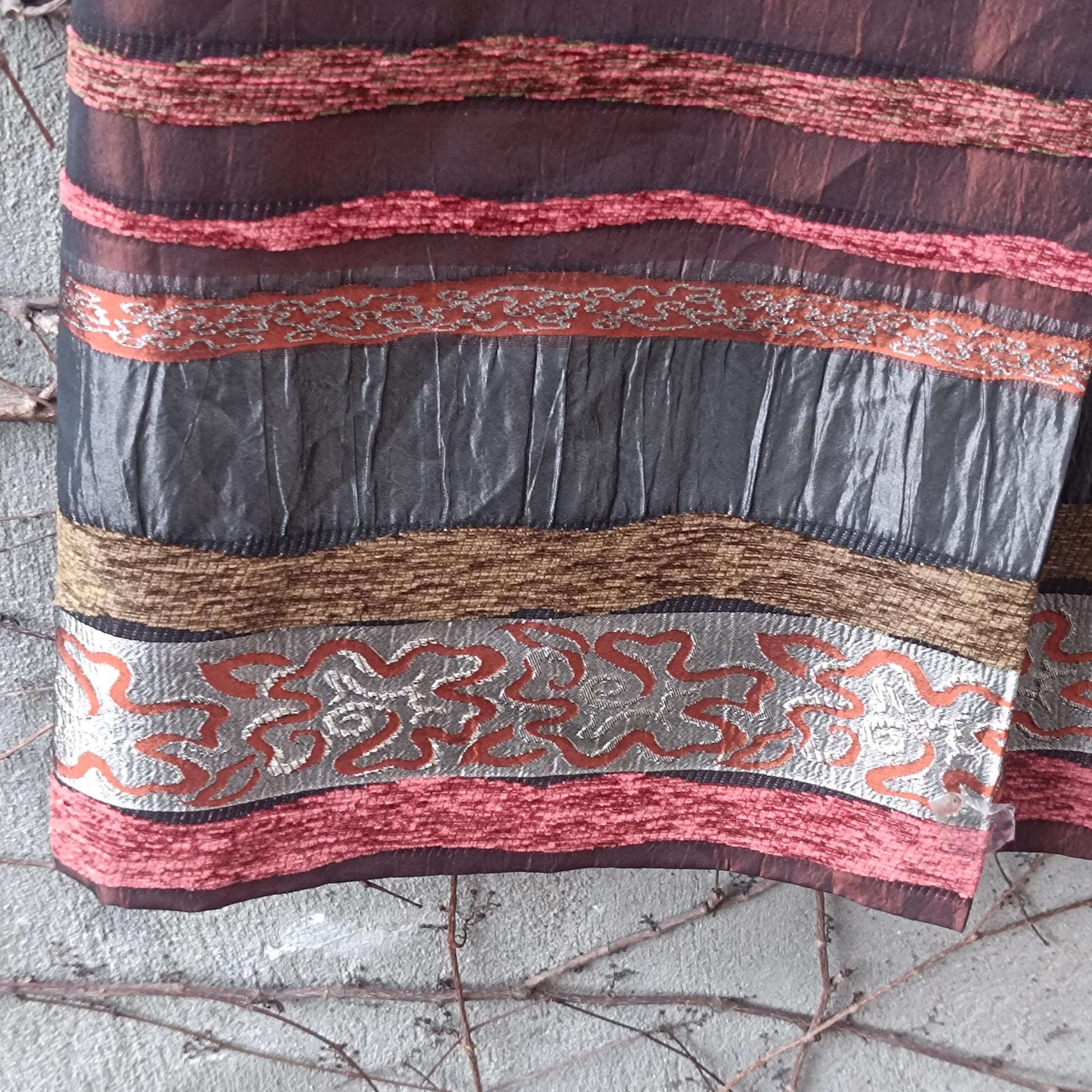 Vintage Textured Stripe Midi Skirt Metallic Bronze Red Mixed Media Party Skirt