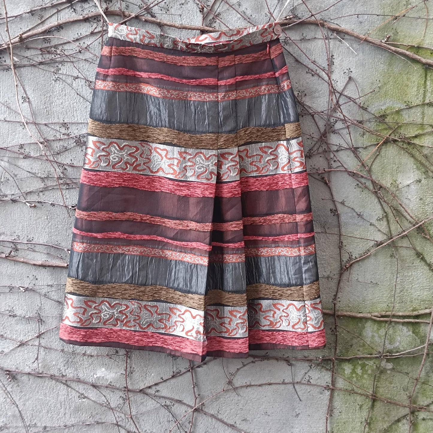 Vintage Textured Stripe Midi Skirt Metallic Bronze Red Mixed Media Party Skirt
