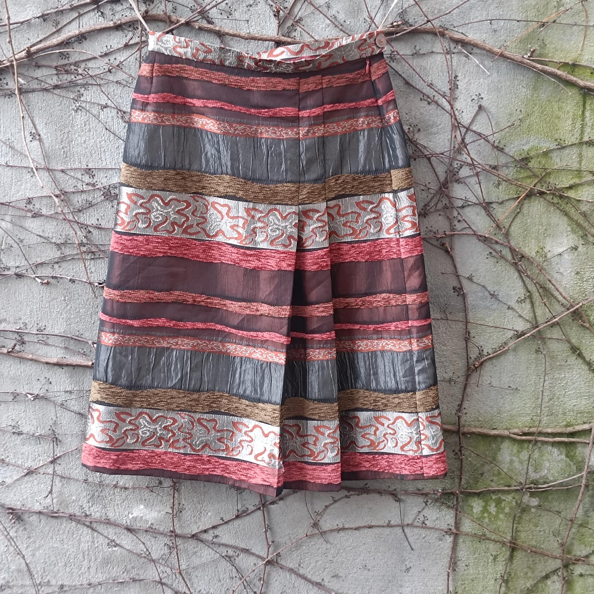 Vintage Textured Stripe Midi Skirt Metallic Bronze Red Mixed Media Party Skirt