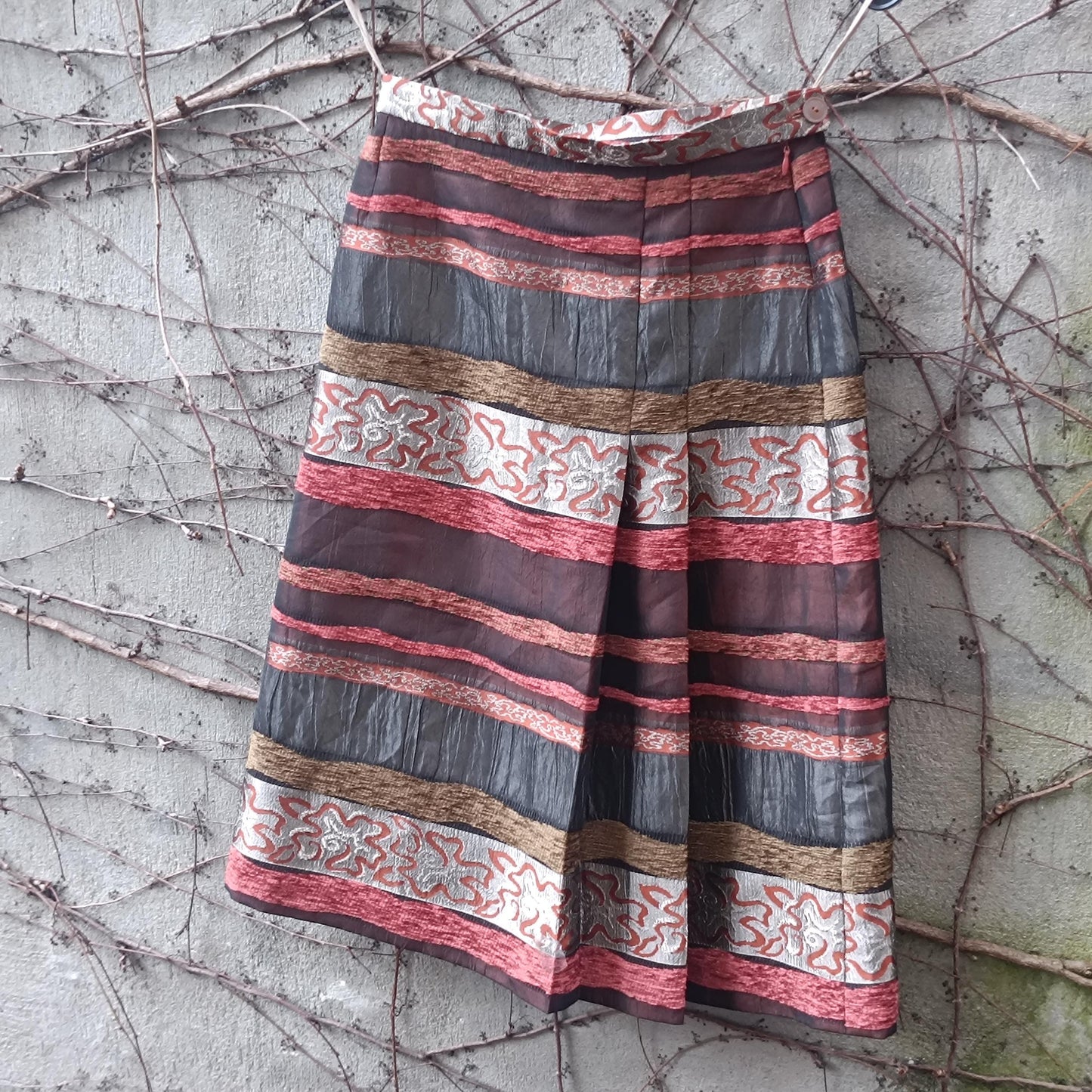 Vintage Textured Stripe Midi Skirt Metallic Bronze Red Mixed Media Party Skirt