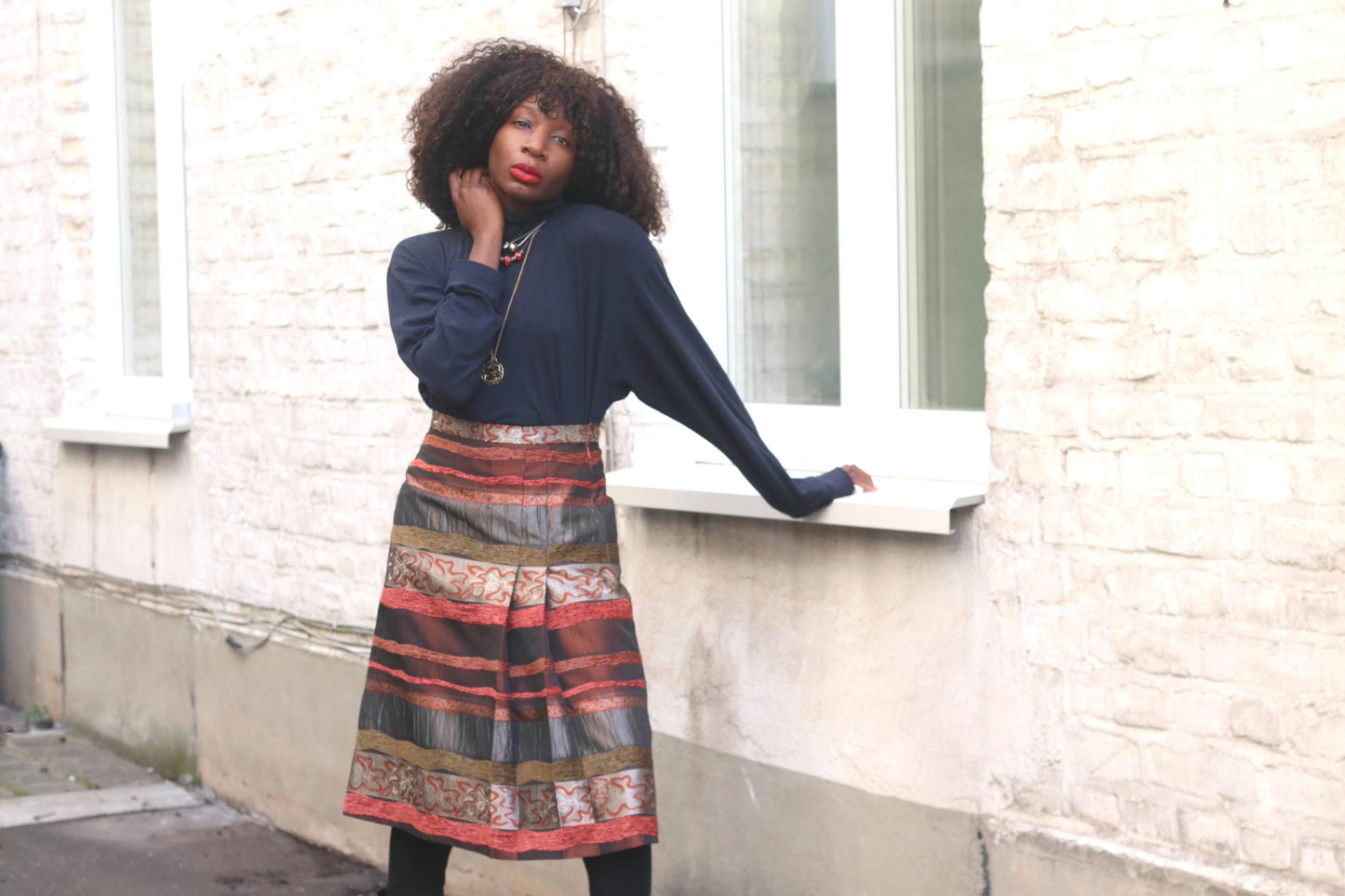 Vintage Textured Stripe Midi Skirt Metallic Bronze Red Mixed Media Party Skirt