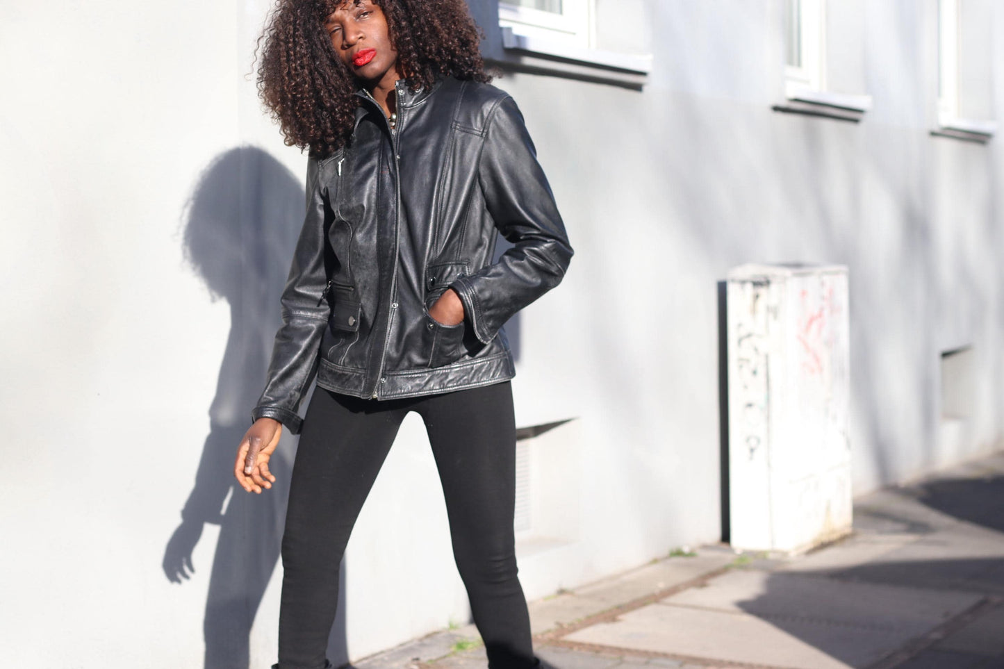 Vintage 90s Black Leather Jacket Minimalist Biker Style Women