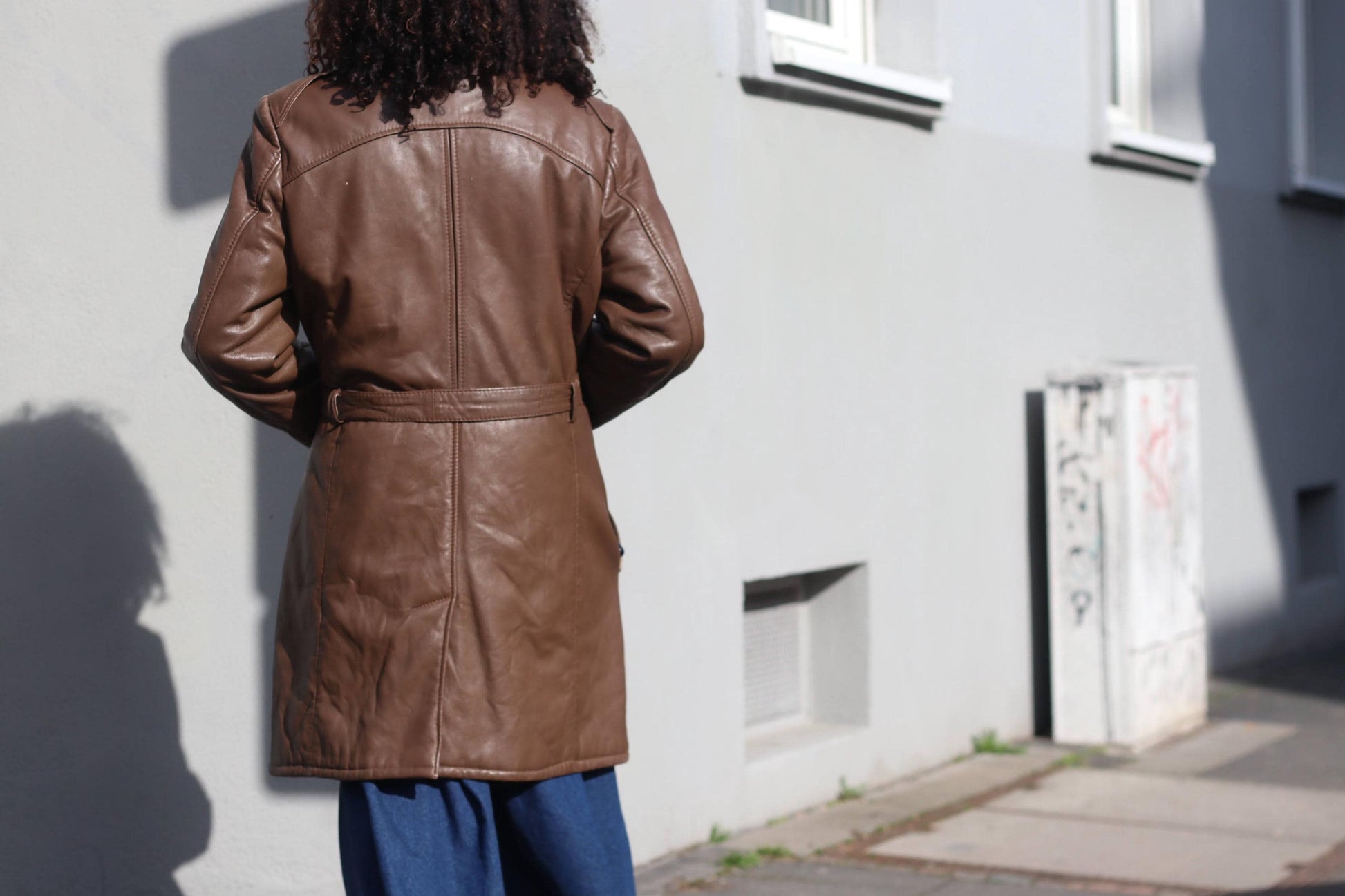 Vintage Brown Leather Trench Coat Mid Length 70s Double Breasted Belted Jacket M