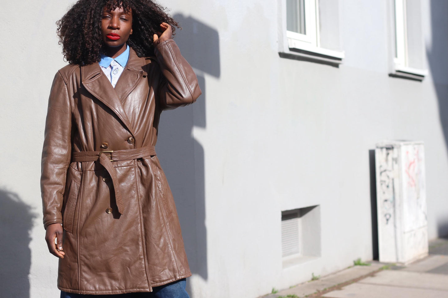 Vintage Brown Leather Trench Coat Mid Length 70s Double Breasted Belted Jacket M