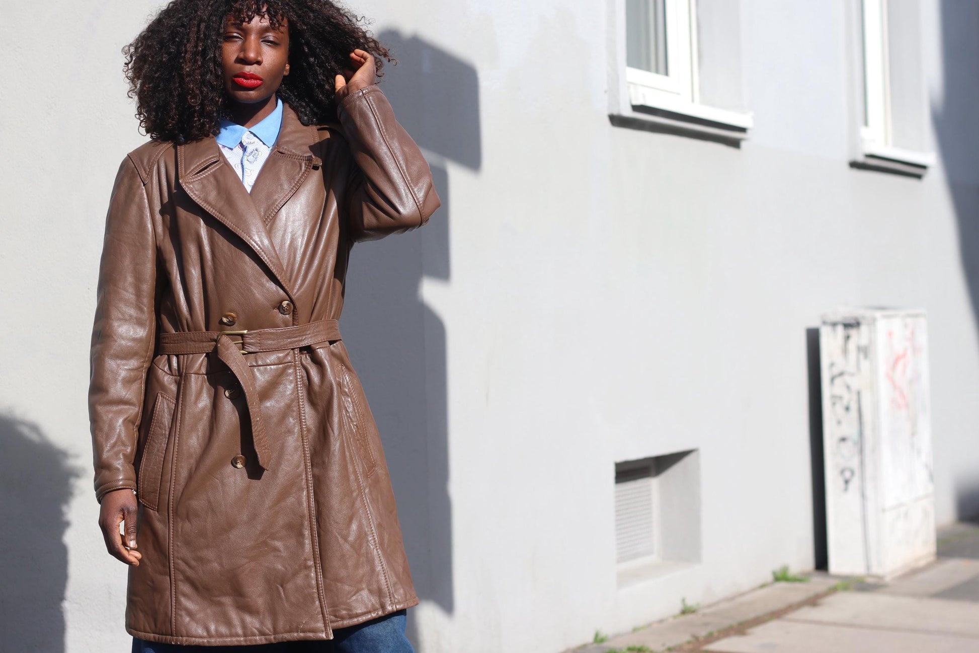 Vintage Brown Leather Trench Coat Mid Length 70s Double Breasted Belted Jacket M