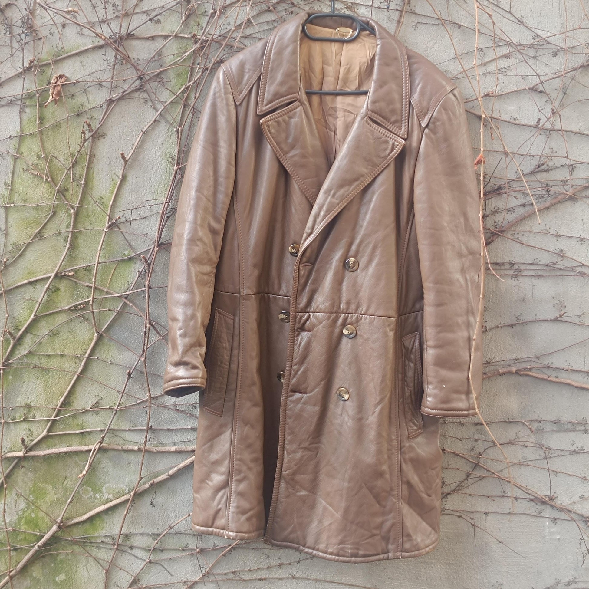 Vintage Brown Leather Trench Coat Mid Length 70s Double Breasted Belted Jacket M