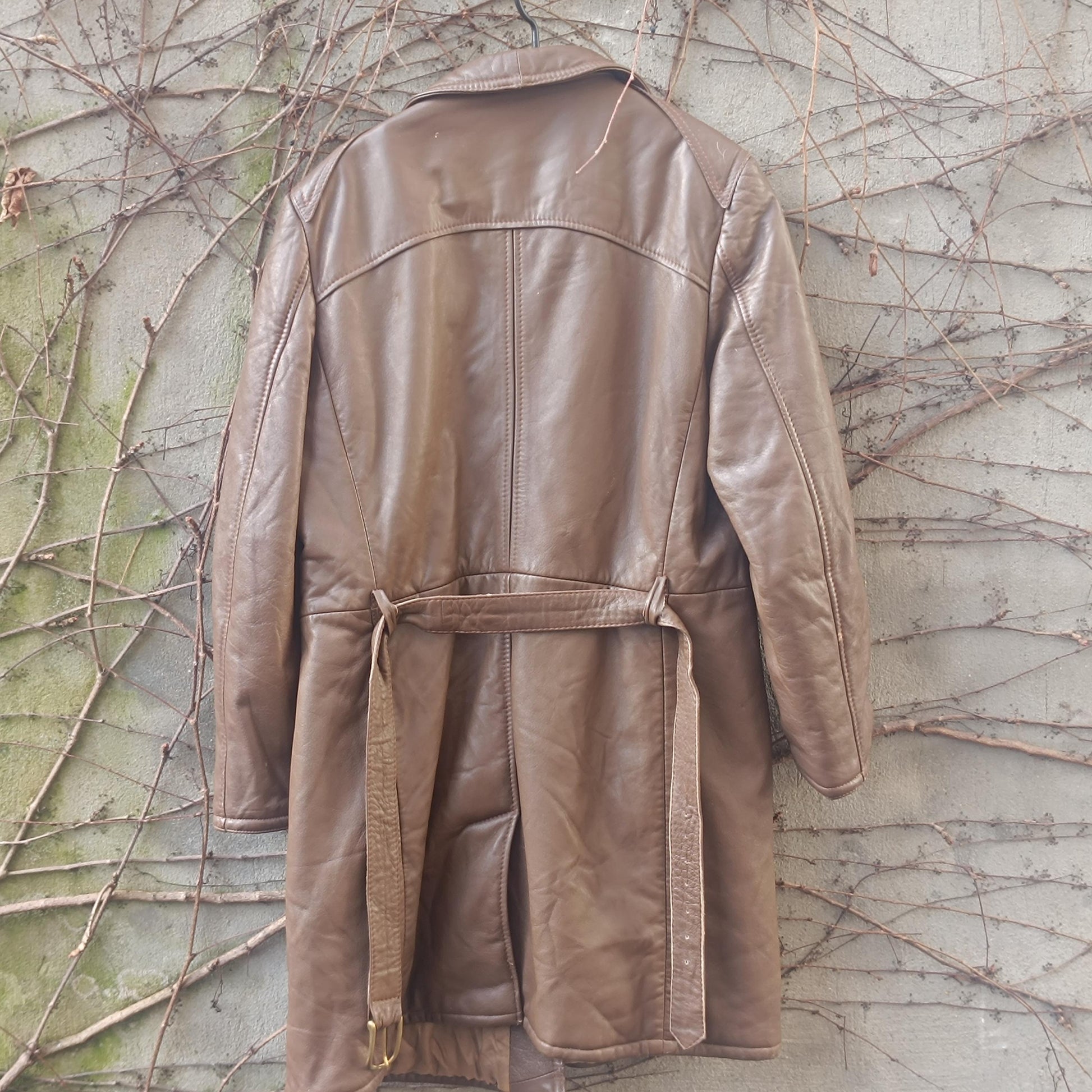 Vintage Brown Leather Trench Coat Mid Length 70s Double Breasted Belted Jacket M