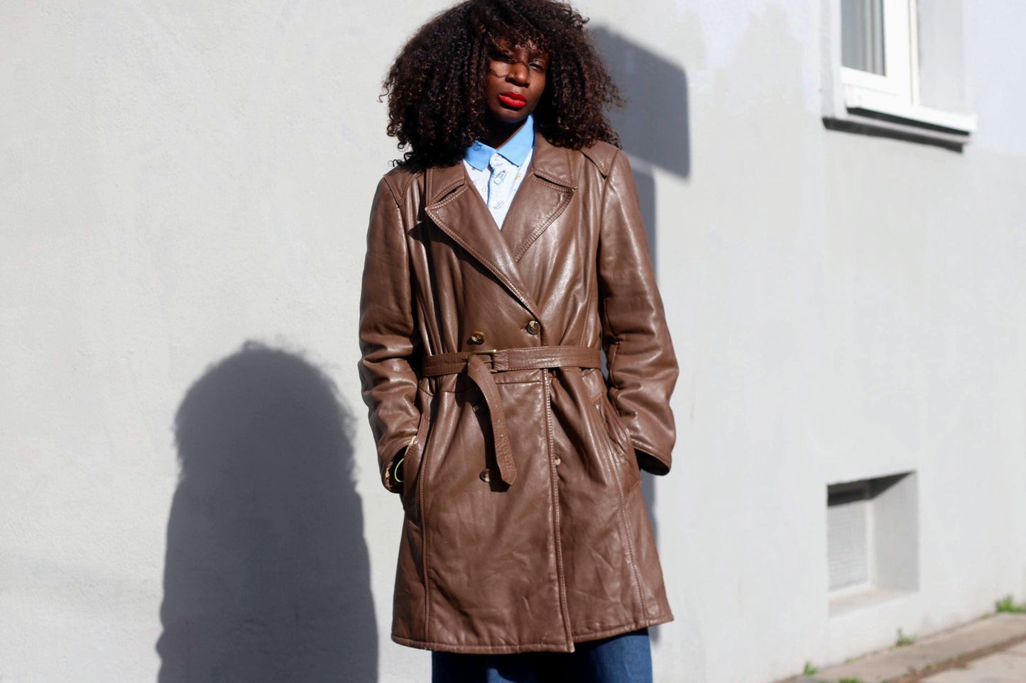 Vintage Brown Leather Trench Coat Mid Length 70s Double Breasted Belted Jacket M