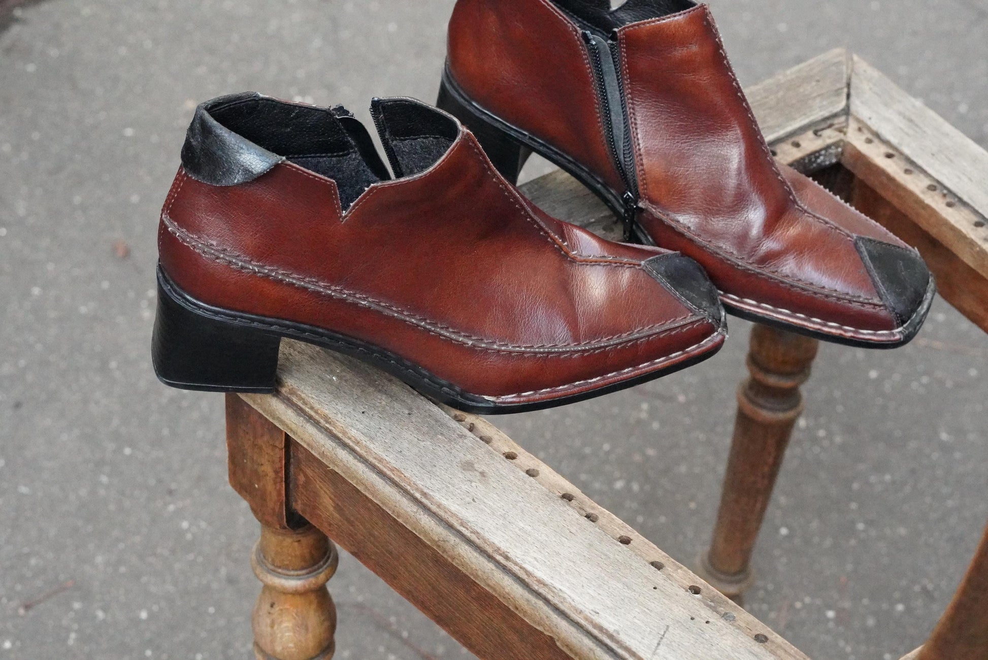 Vintage Rieker Brown Leather Ankle Boots Square Toe Block Heel 90s Minimalist