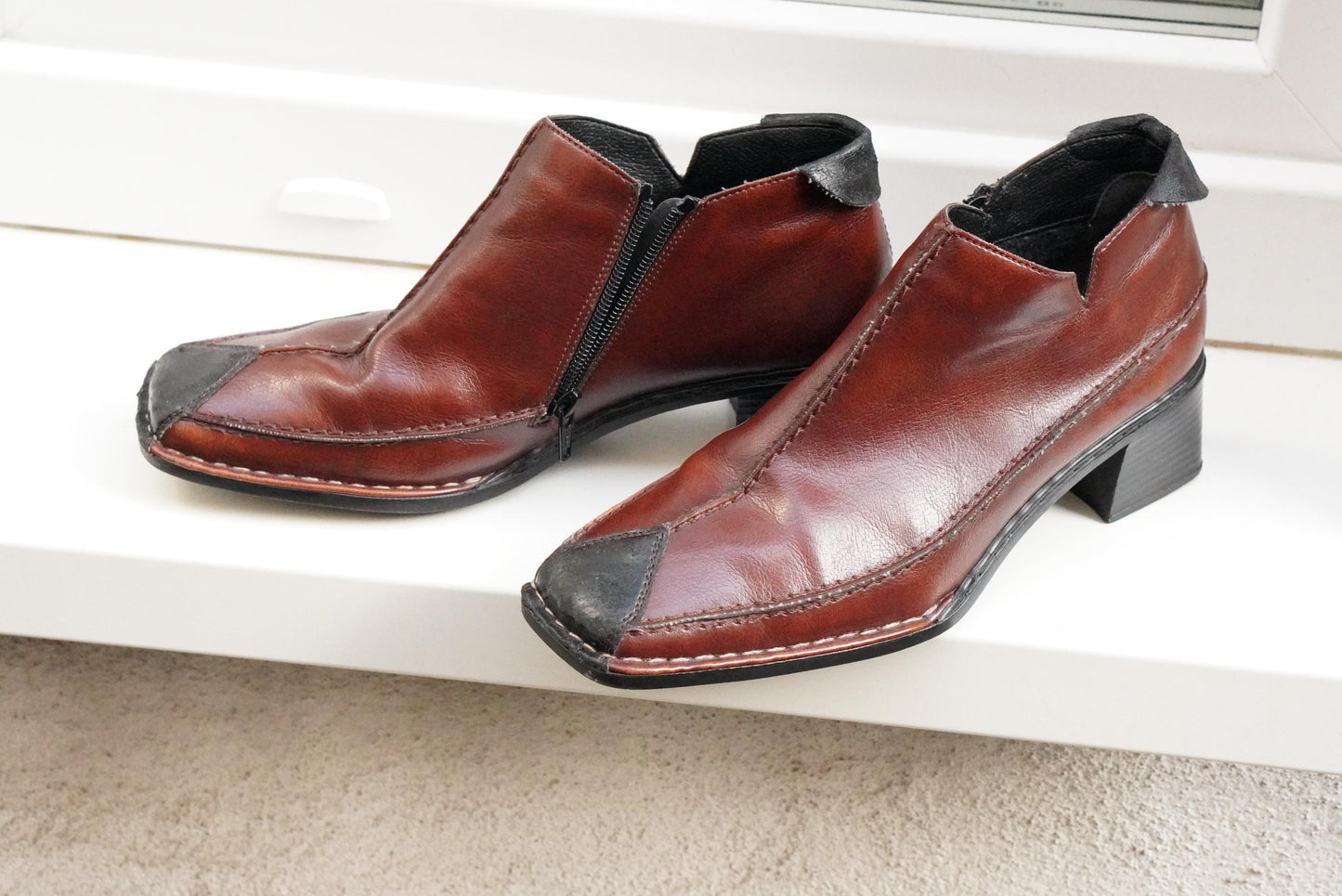 Vintage Rieker Brown Leather Ankle Boots Square Toe Block Heel 90s Minimalist