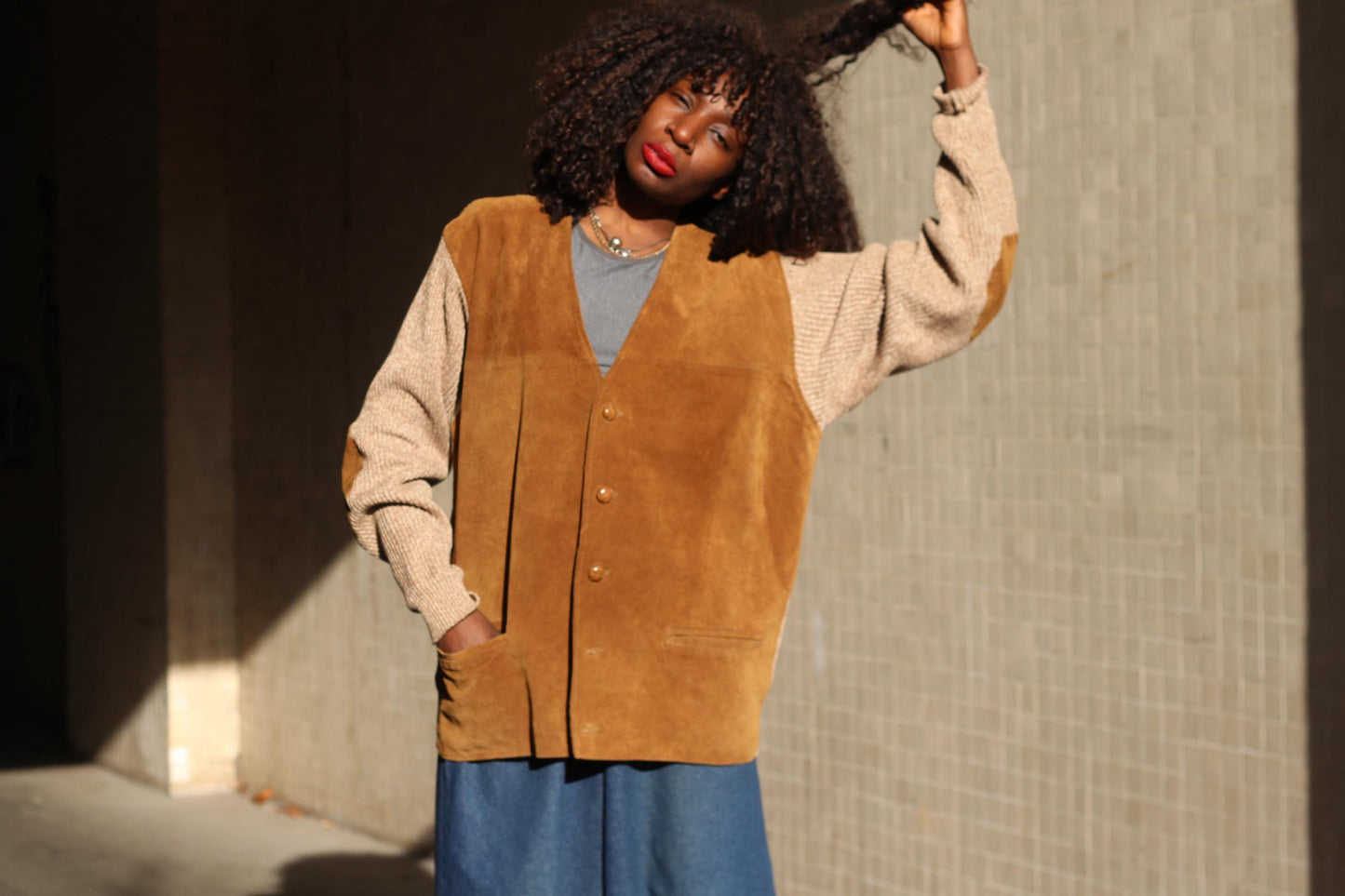 Vintage Suede Leather Cardigan Jacket Brown Knit Sleeve Boho Suede Vest Coat L