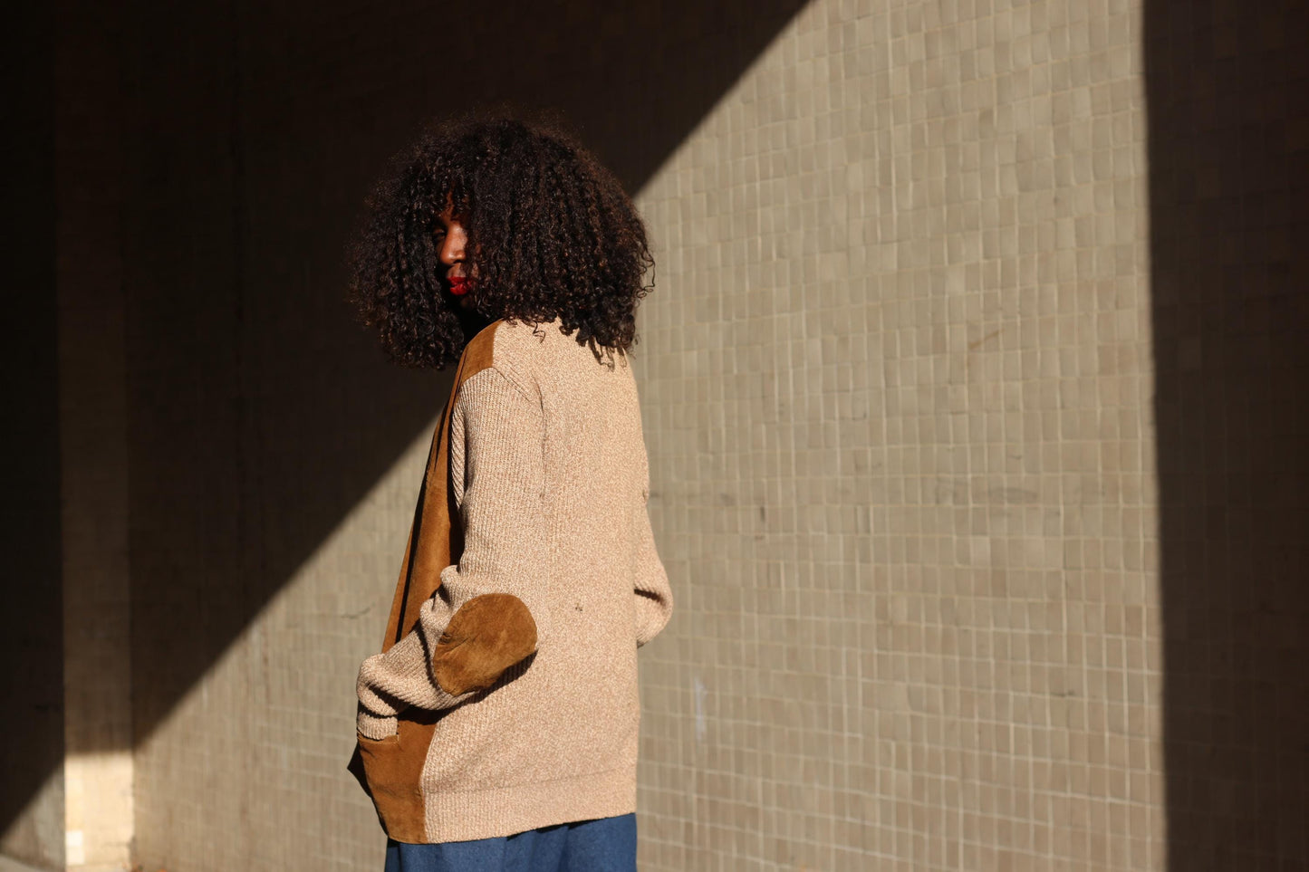Vintage Suede Leather Cardigan Jacket Brown Knit Sleeve Boho Suede Vest Coat L