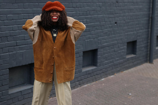Vintage Suede Leather Cardigan Jacket Brown Knit Sleeve Boho Suede Vest Coat L